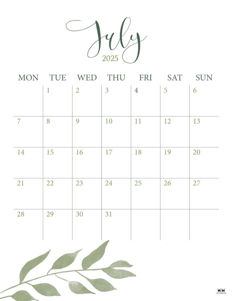July 2025 Calendars - 107 Free Printables | Printabulls with regard to July 2025 Calendar Printable Vertical