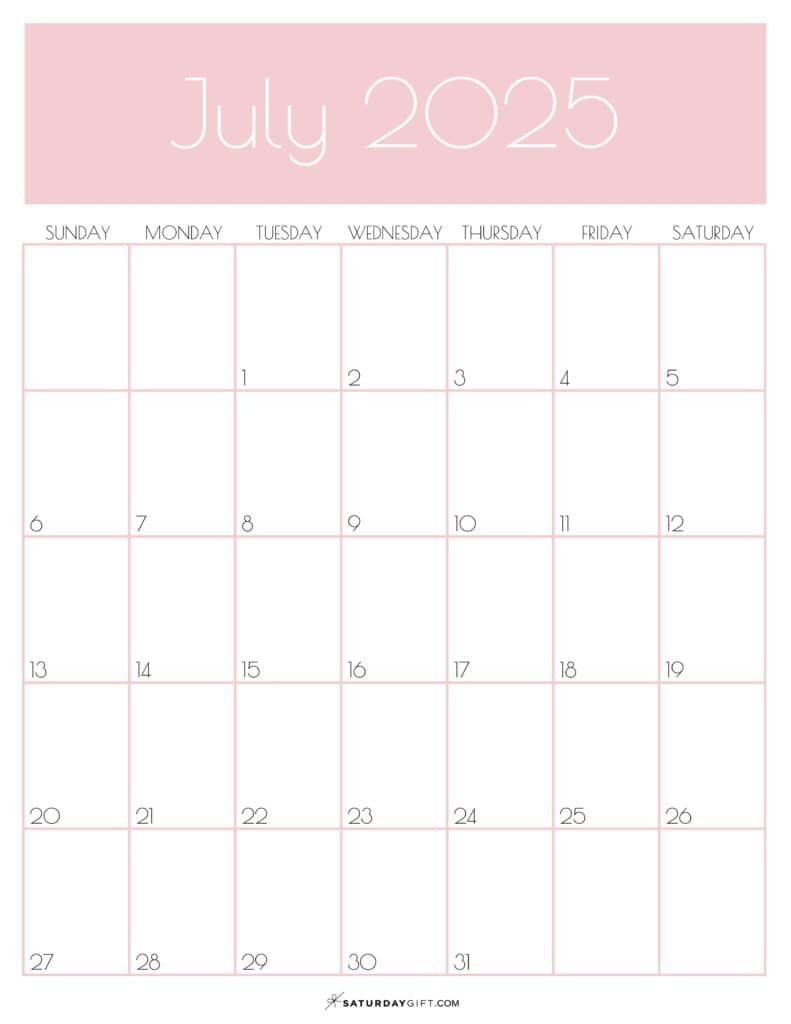 July 2025 Calendars - 23 Cute Free Printable Pdfs | Saturdaygift for 3 Month Vertical Calendar Printable July 2025