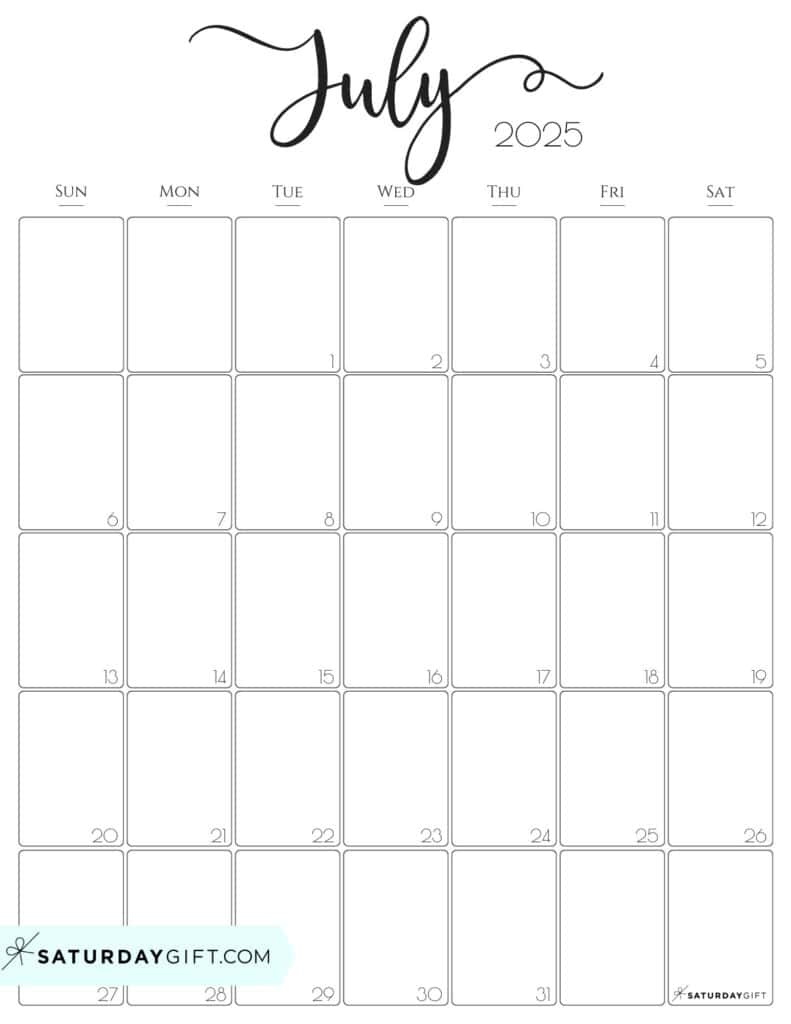 July 2025 Calendars - 23 Cute Free Printable Pdfs | Saturdaygift in July 2025 Calendar Printable Vertical