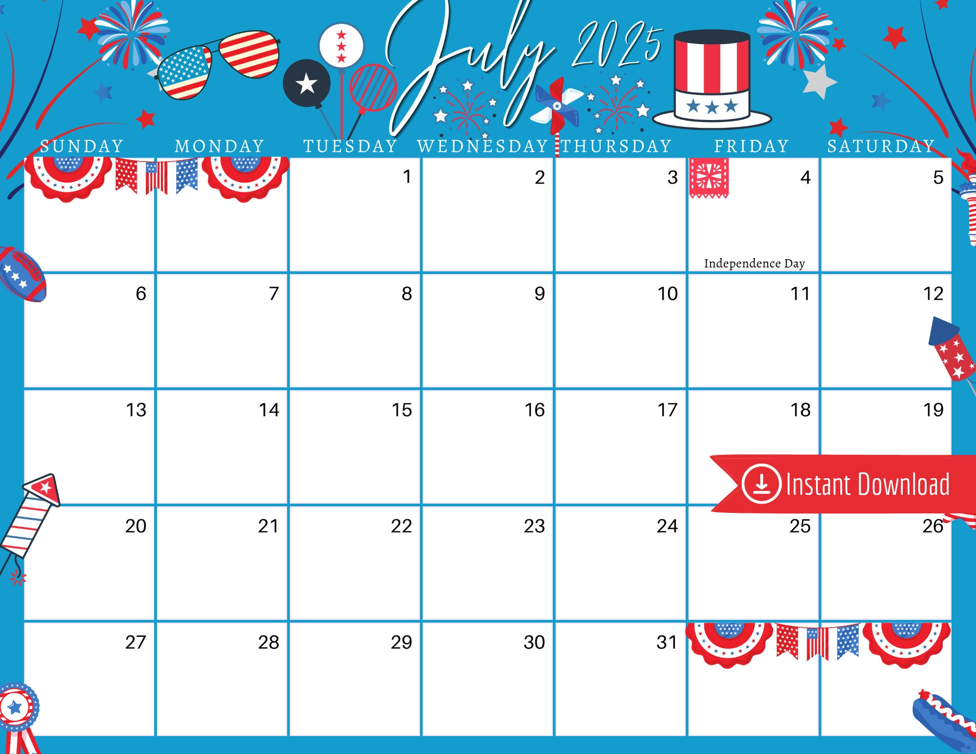 July 2025 Digital Calendar - Blue 4Th Of July Planner Editable in July 4 2025 Calendar