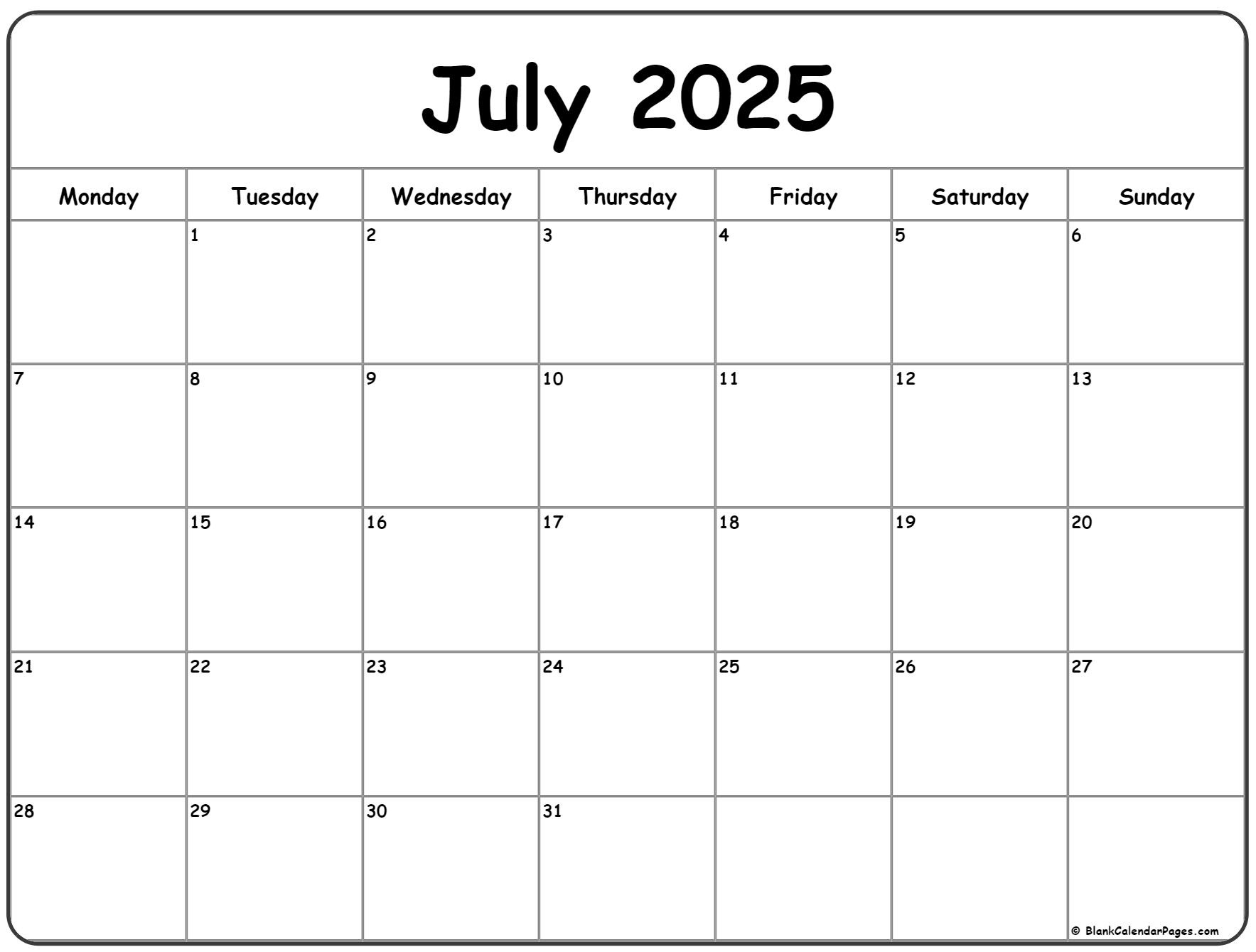 July 2025 Monday Calendar | Monday To Sunday within July Calendar 2025 Monday To Sunday