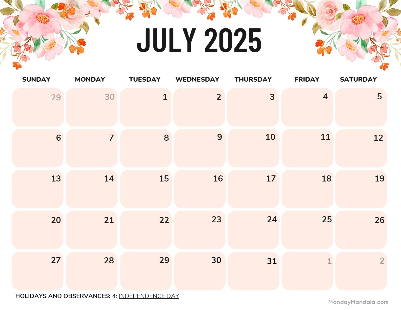 July 2025 Printable Calendar (52 Free Pdf Printables) regarding July 2025 Calendar Printable Monday Start
