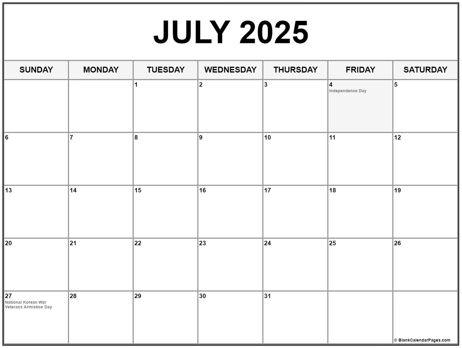 July 2025 With Holidays Calendar throughout July Calendar 2025 With Holidays