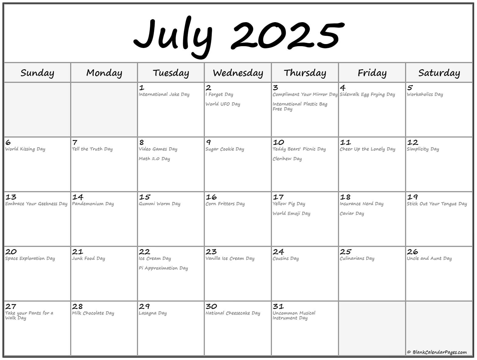 July 2025 With Holidays Calendar with regard to National Calendar July 2025