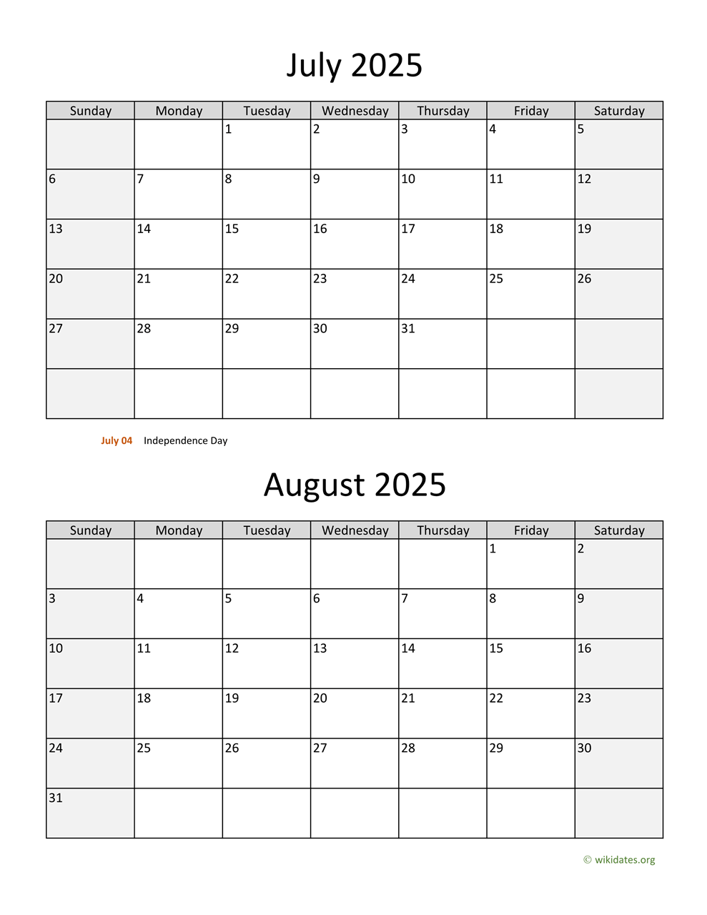 July And August 2025 Calendar | Wikidates pertaining to Printable Monthly Calendar July And August 2025