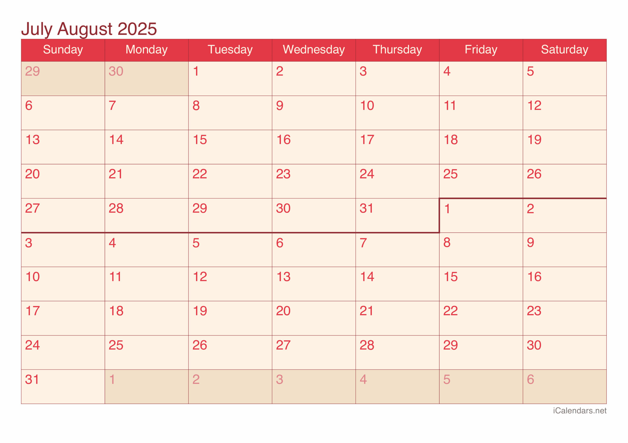 July And August 2025 Printable Calendar for Printable Monthly Calendar July And August 2025