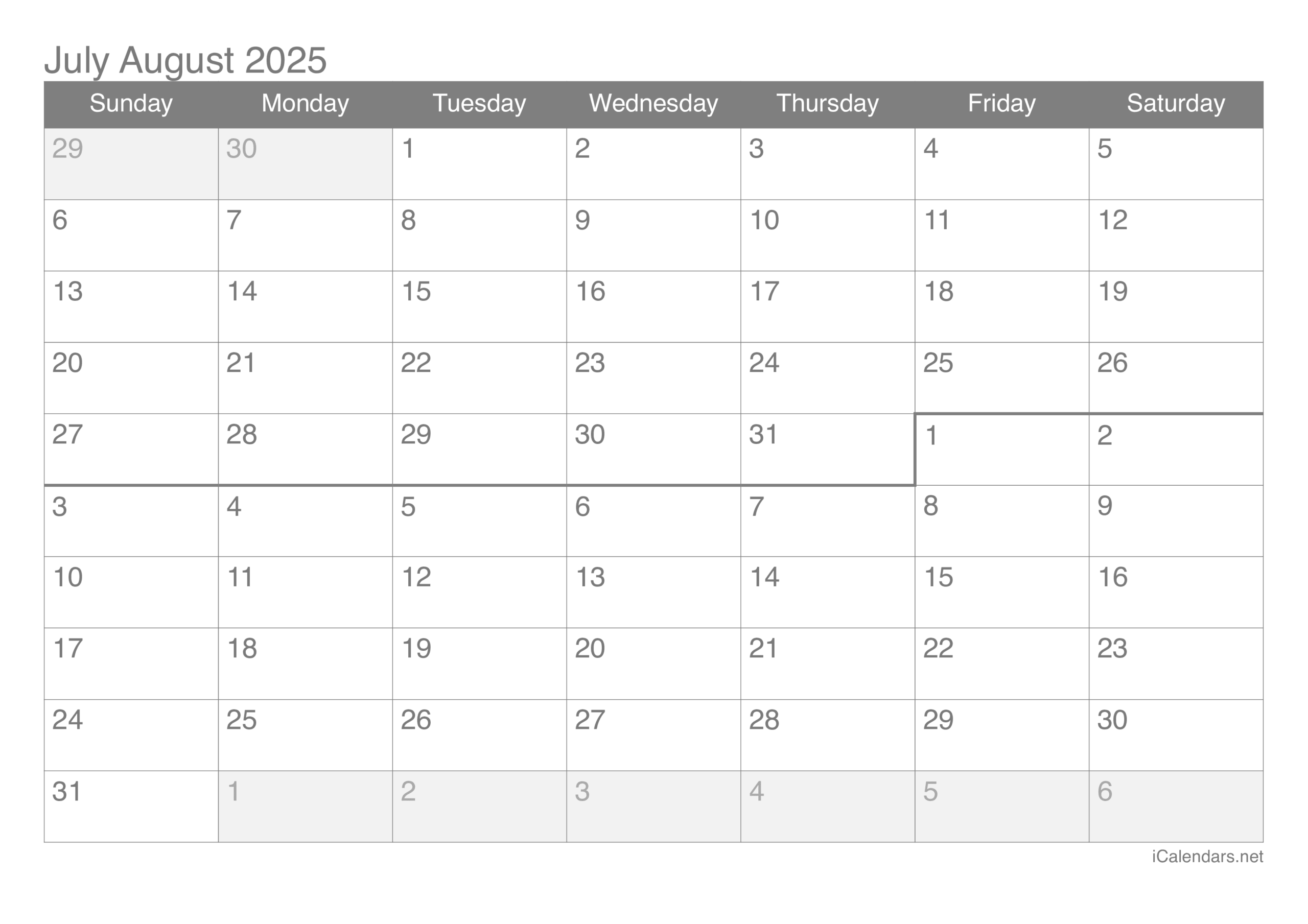 July And August 2025 Printable Calendar in Printable Calendar July - August 2025