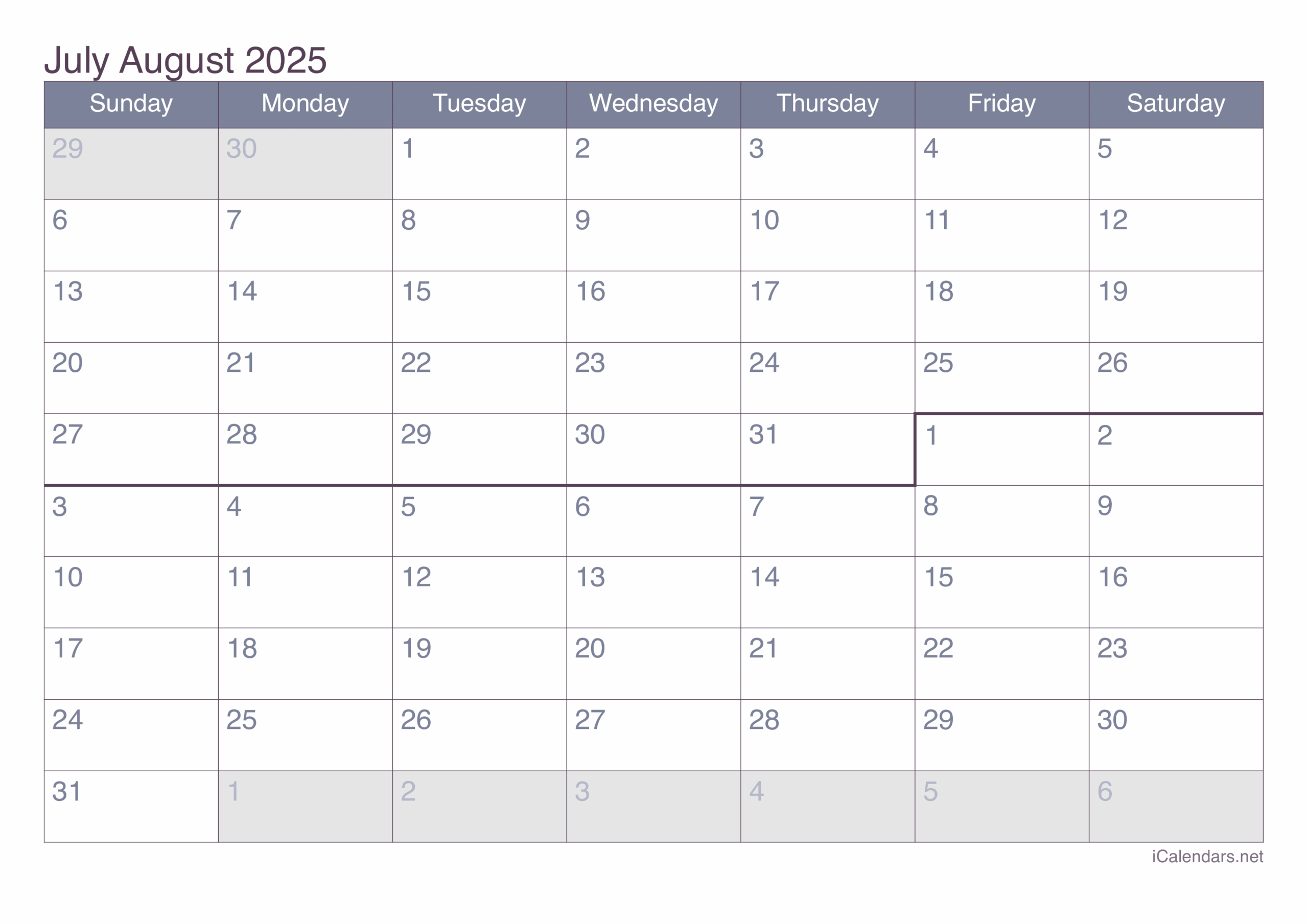July And August 2025 Printable Calendar throughout Printable Monthly Calendar July And August 2025