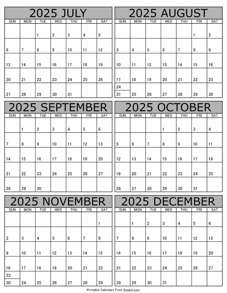 July To December 2025 Calendar Templates - Six Months regarding July To December 2025 Calendar
