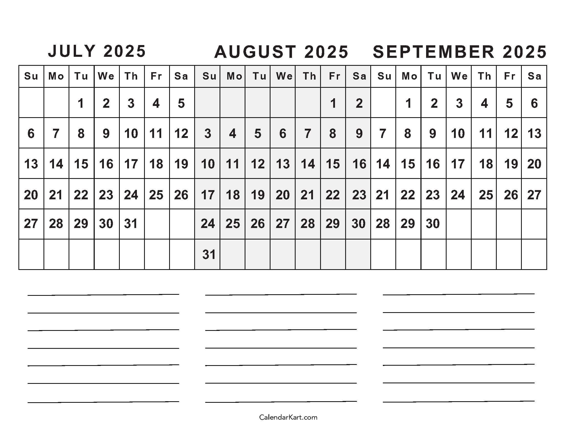 July To September 2025 Calendar (Q3) - Calendarkart inside July Aug Sept 2025 Calendar Printable