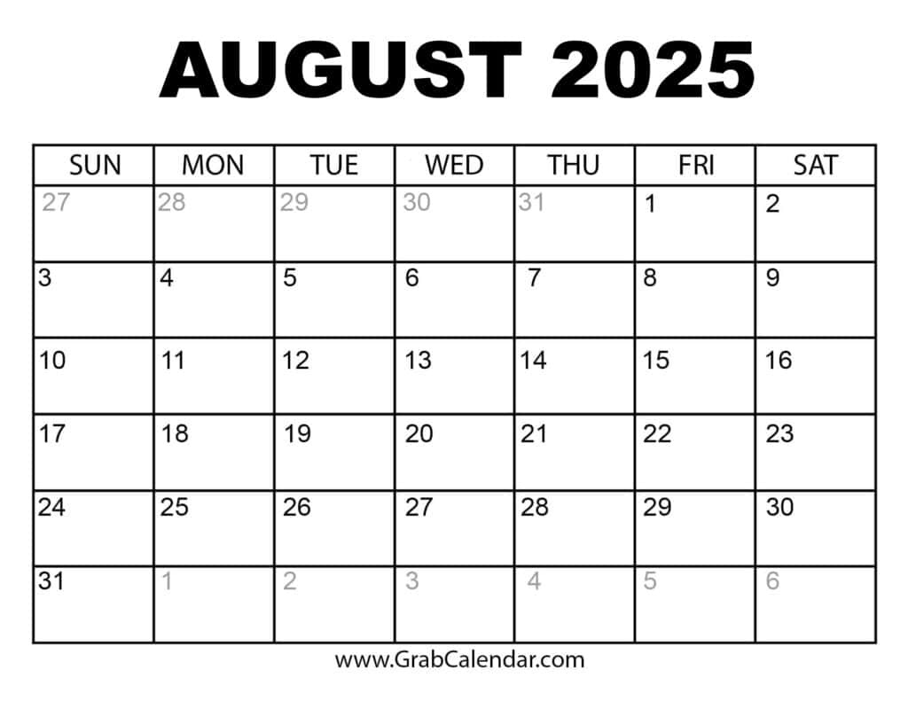 Printable August 2025 Calendar throughout Free Printable Calendar August 2024 To July 2025