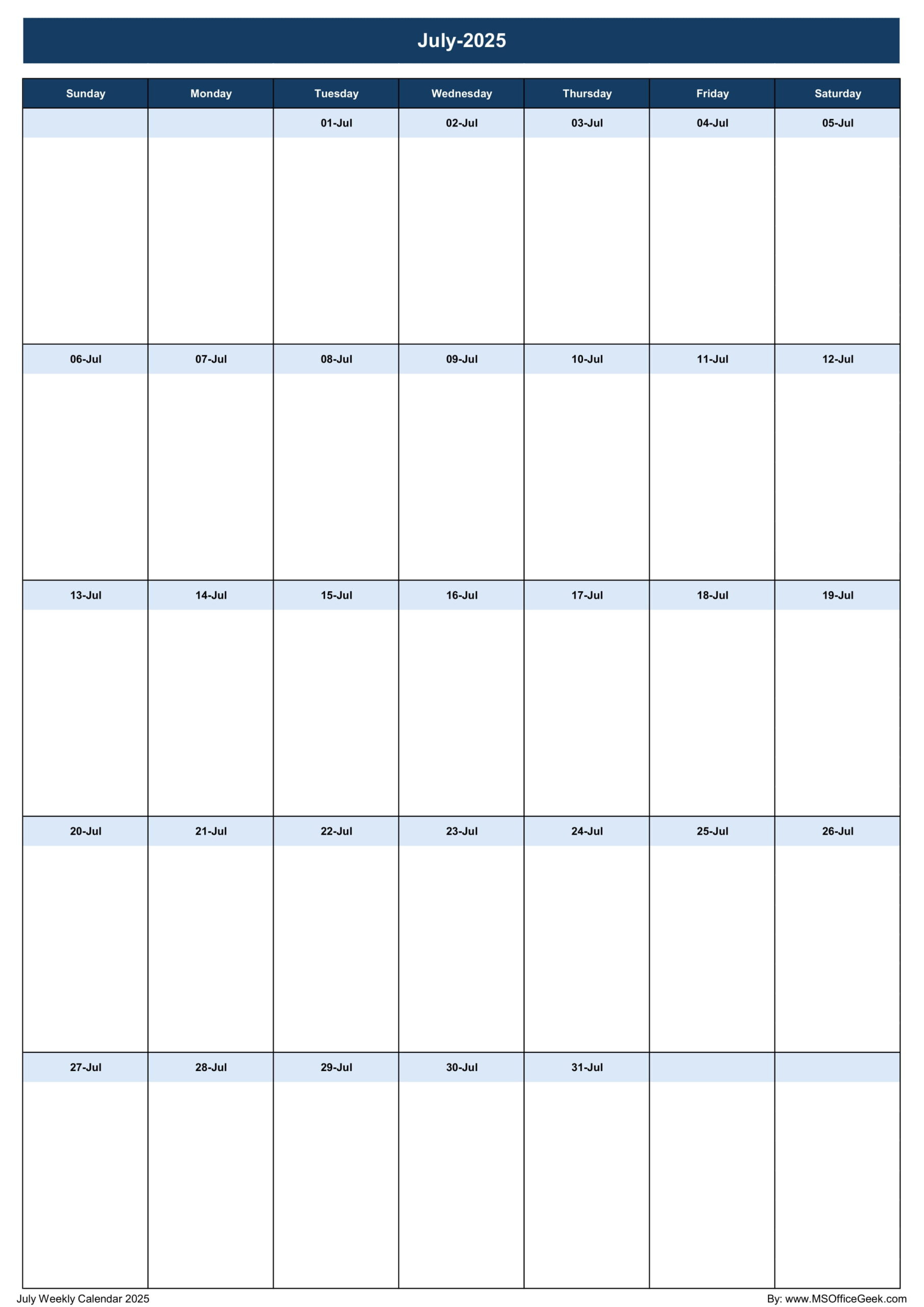 Ready-To-Use Printable Weekly Calendar 2025 - Msofficegeek for July 2025 Calendar Excel