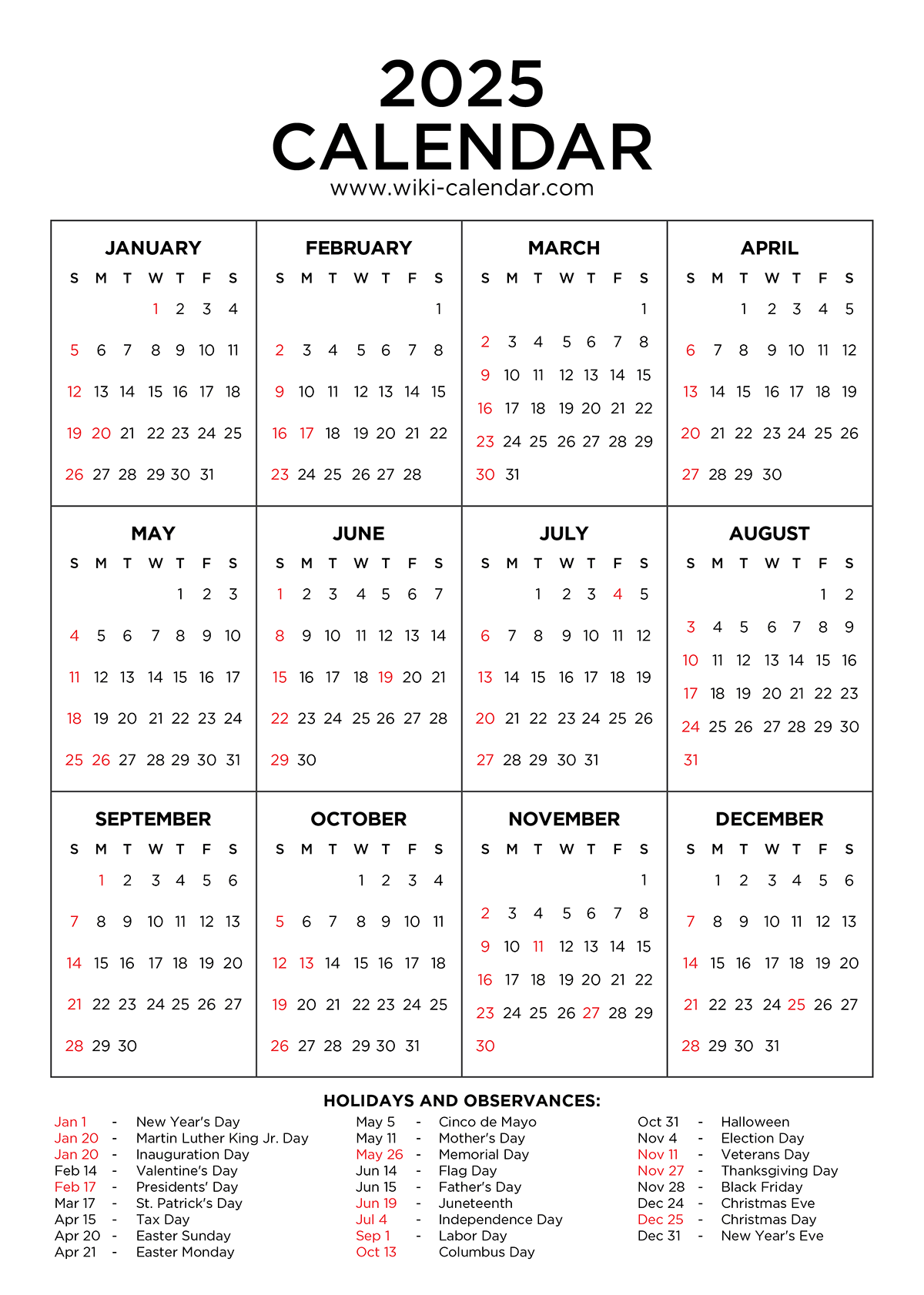 Year 2025 Calendar Printable With Holidays - Wiki Calendar for 30 Calendar Days Before July 3 2025