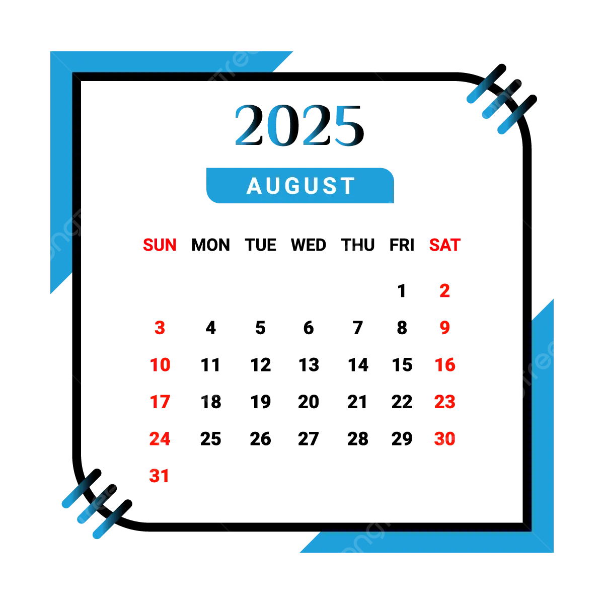 2025 August Month Calendar With Black And Skyblue Vector, Monthly intended for August 2025 Calendar Png