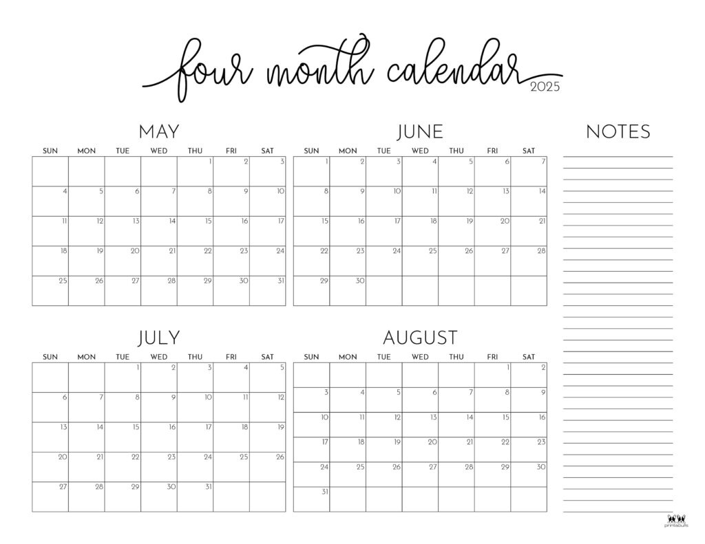 2025 Four Month Calendars - 31 Free Printables | Printabulls throughout May Through August 2025 Calendar