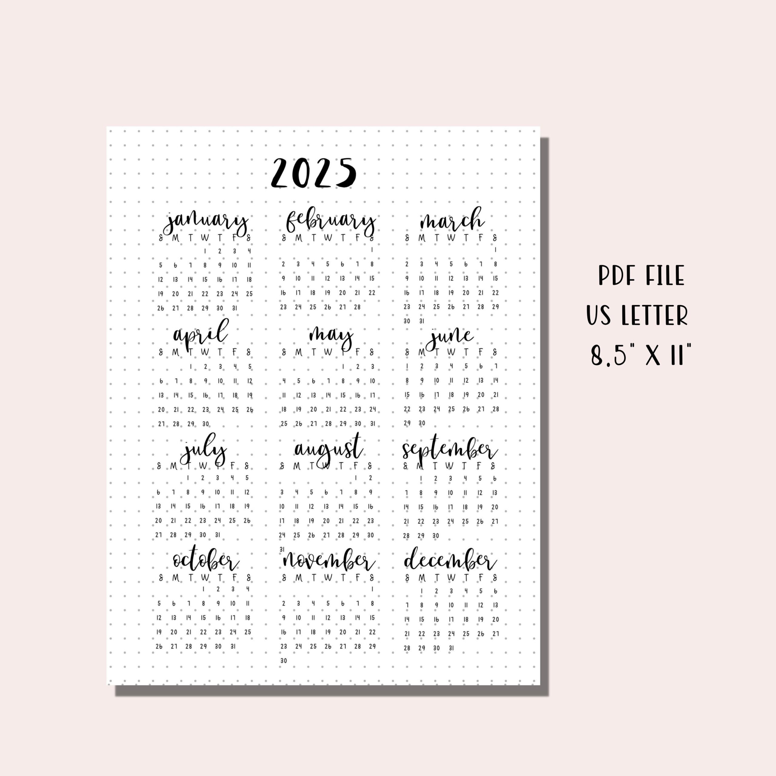 2025 Kalender Druckbare Planer 2025 / Gepunktete Bullet Journal in August Bullet Journal Calendar 2025