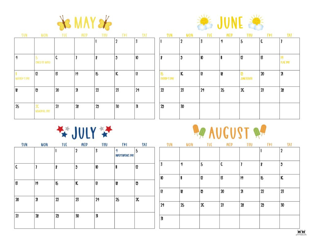 2025 Summer Calendars - 27 Free Printables | Printabulls in May August 2025 Calendar