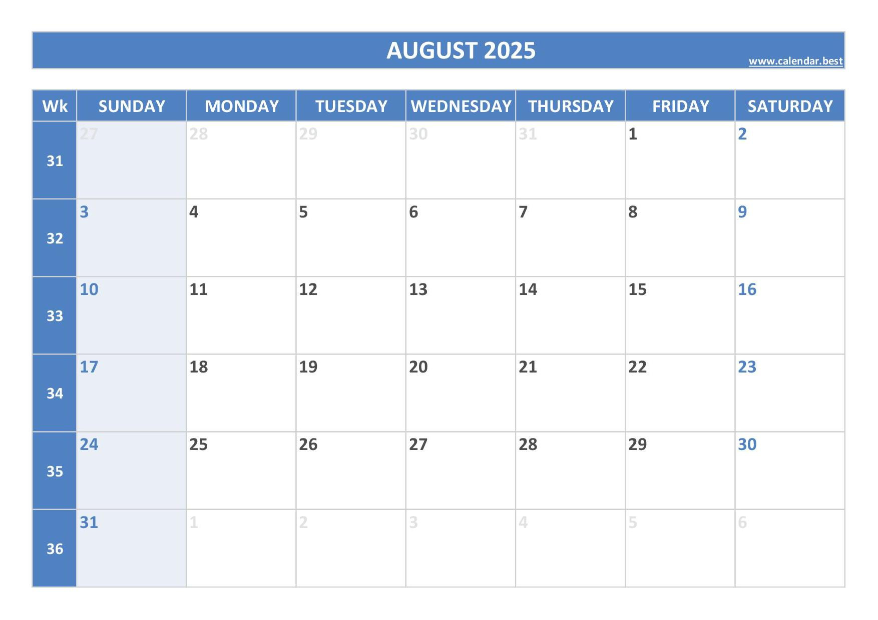August 2025 Calendar -Calendar.best in August 2025 Weekly Calendar