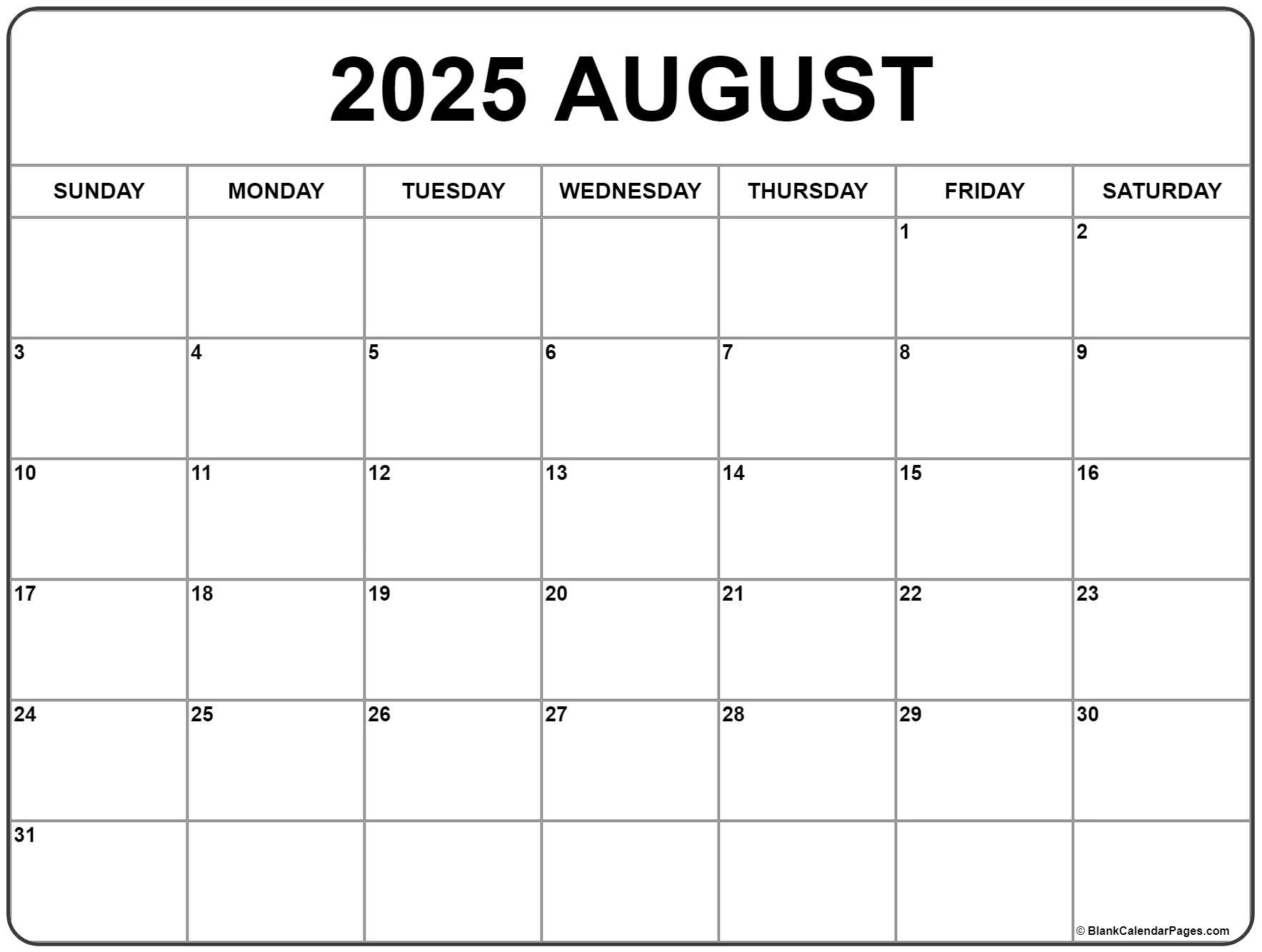 August 2025 Calendar | Free Printable Calendars pertaining to Blank Calendar For August 2025