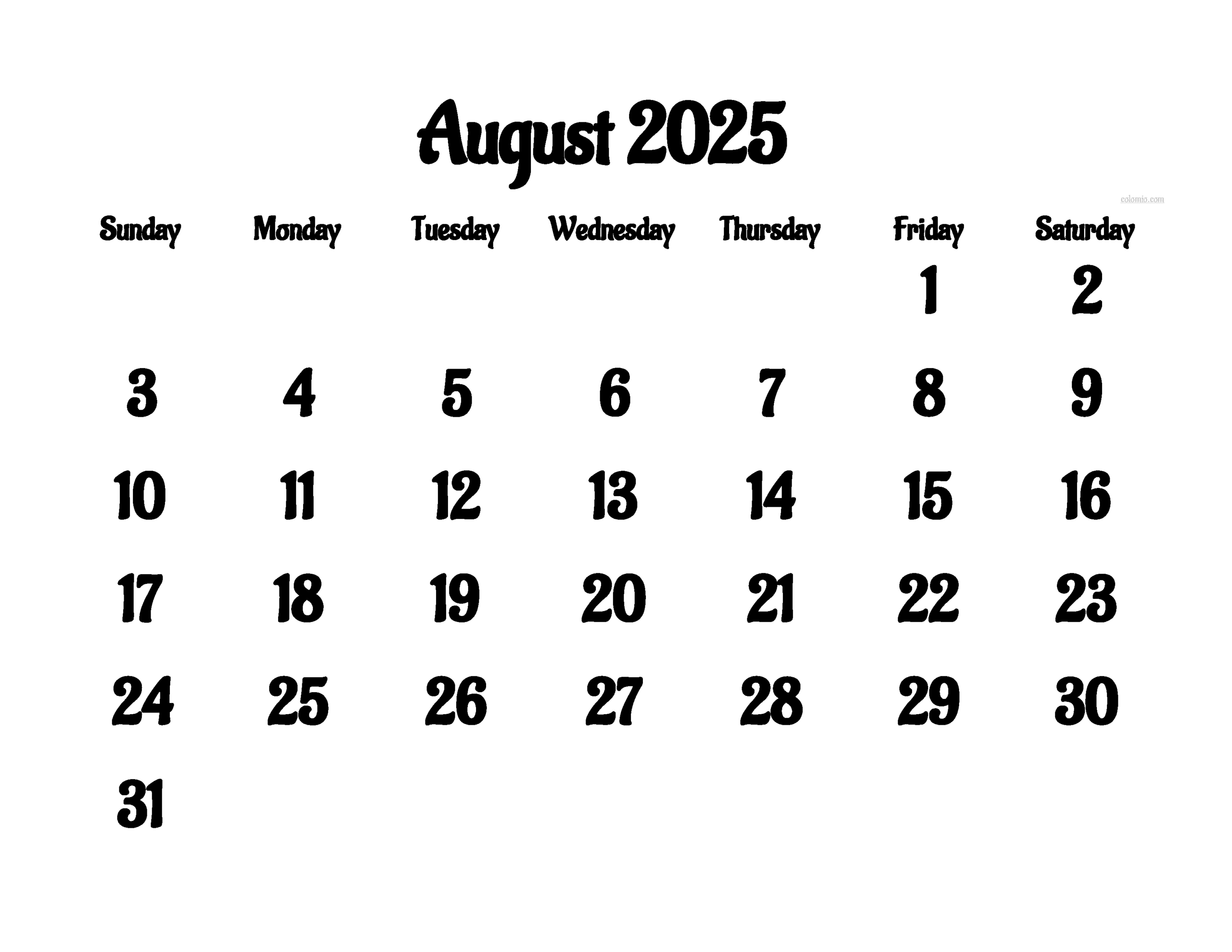 August 2025 Calendar - Free Printable Pdf, Xls And Png | Www within Calendar Of 2025 August