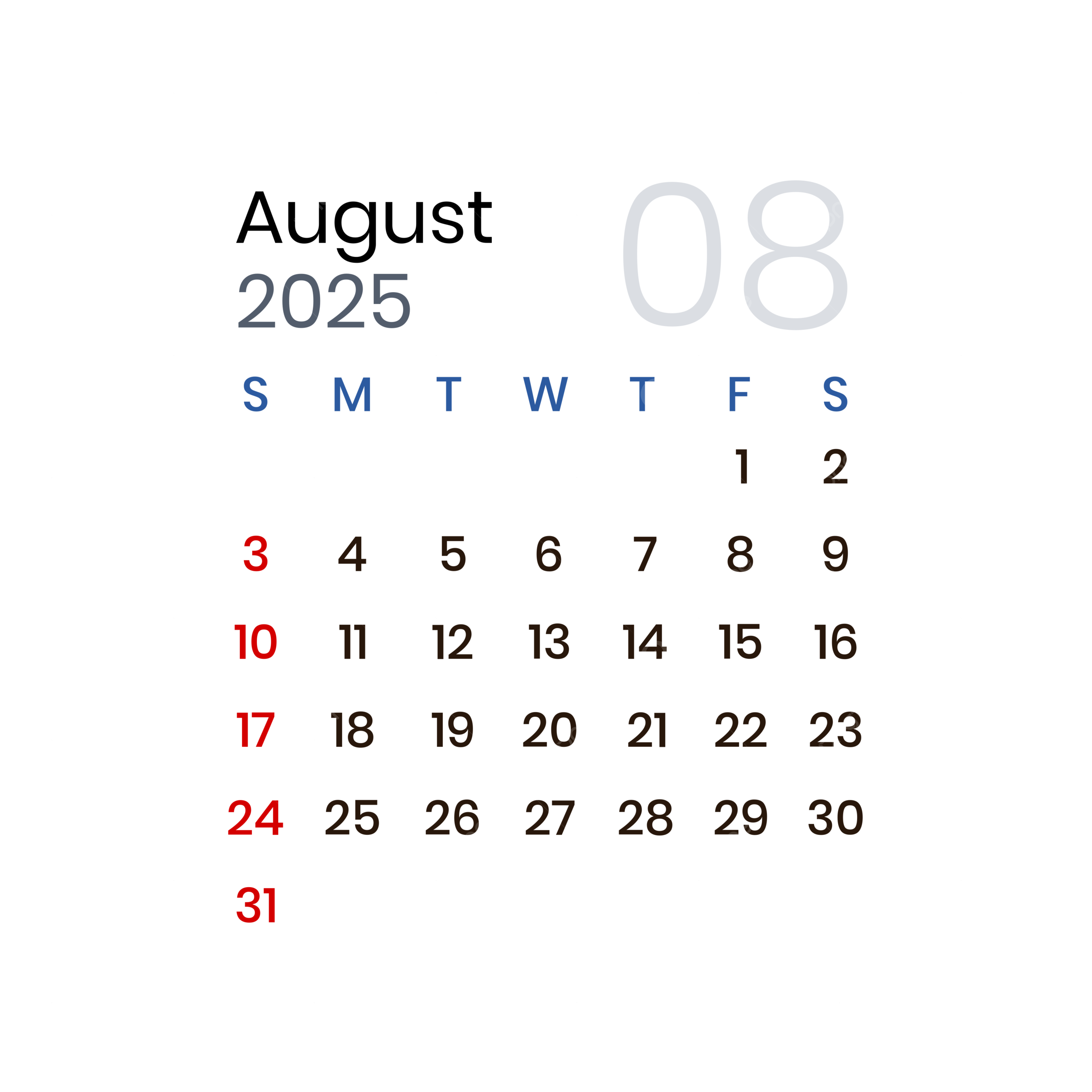 August 2025 Calendar Minimalist Vector, 2025, August Calendar throughout August 2025 Calendar Transparent Background
