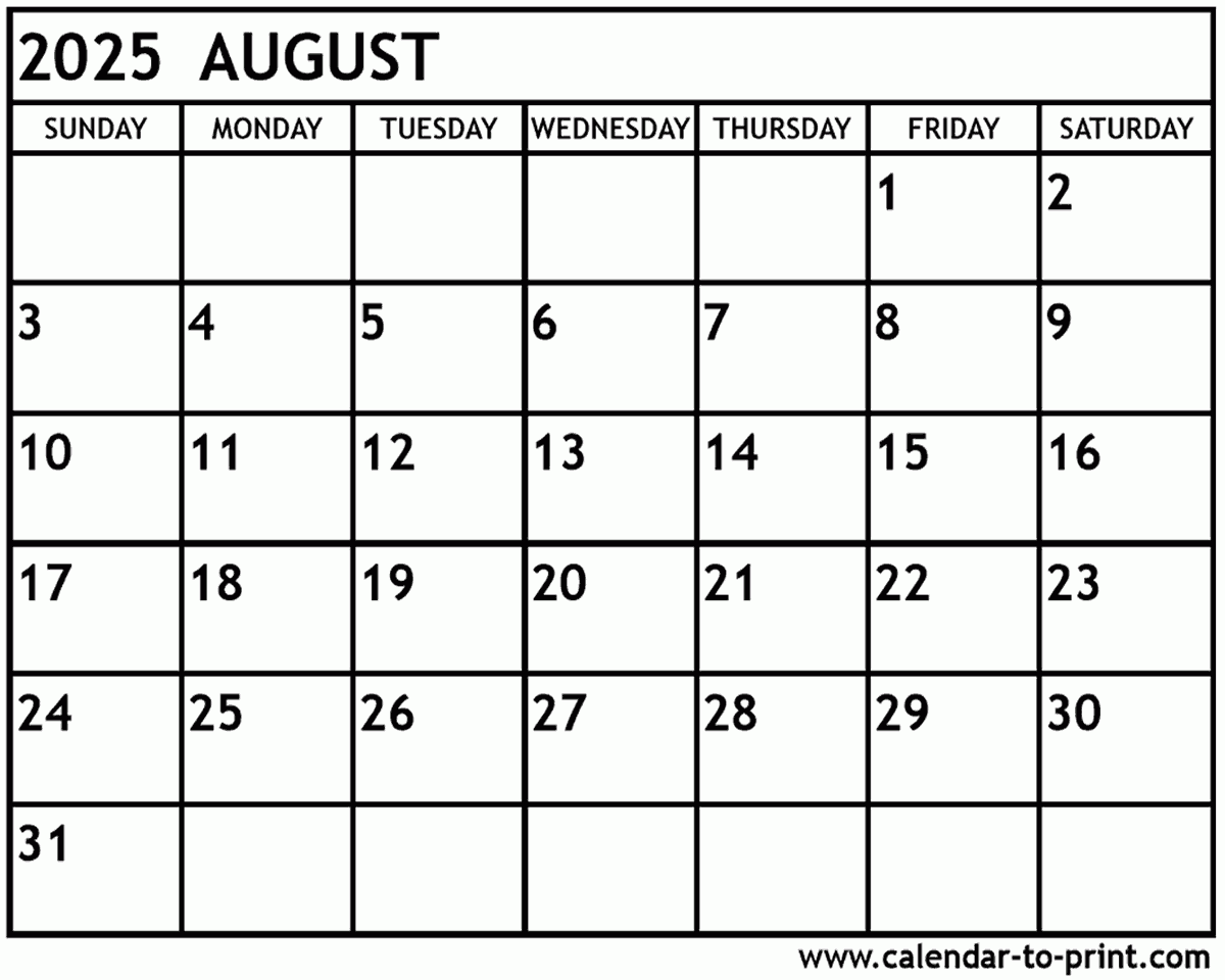 August 2025 Calendar Printable throughout Calendar August 2025 Printable Free