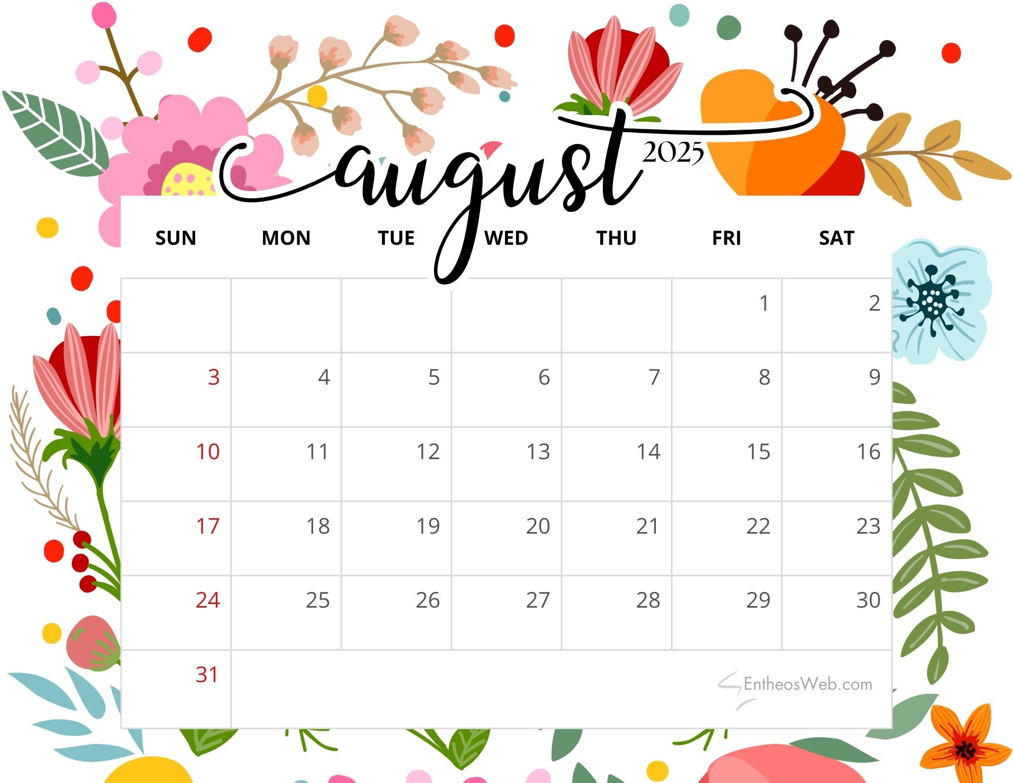 August 2025 Calendar Printables | Entheosweb with Free Printable Calendar August 2025