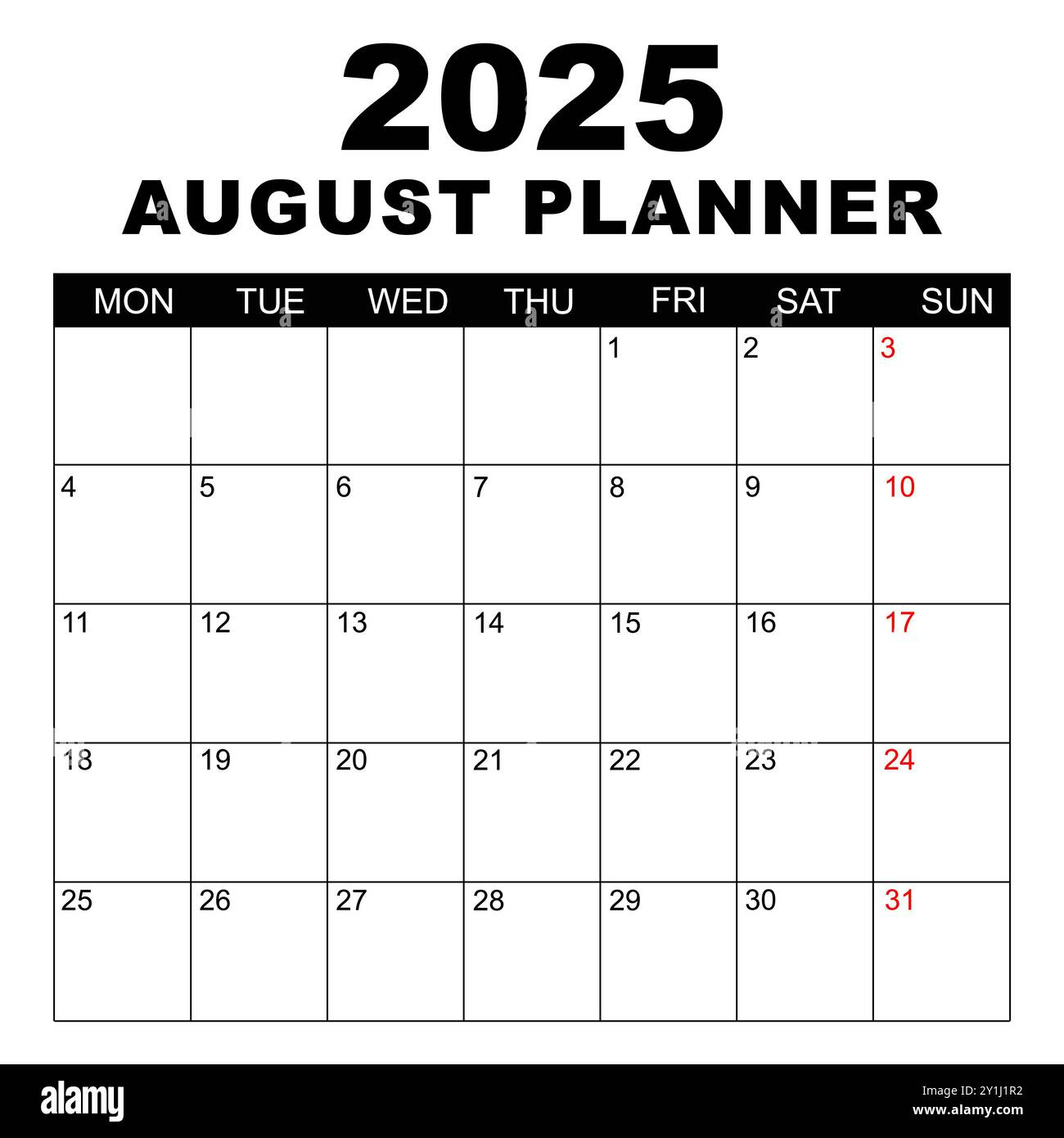 August 2025 Calendar. Week Starts On Monday. Blank Calendar for Calendar Page For August 2025