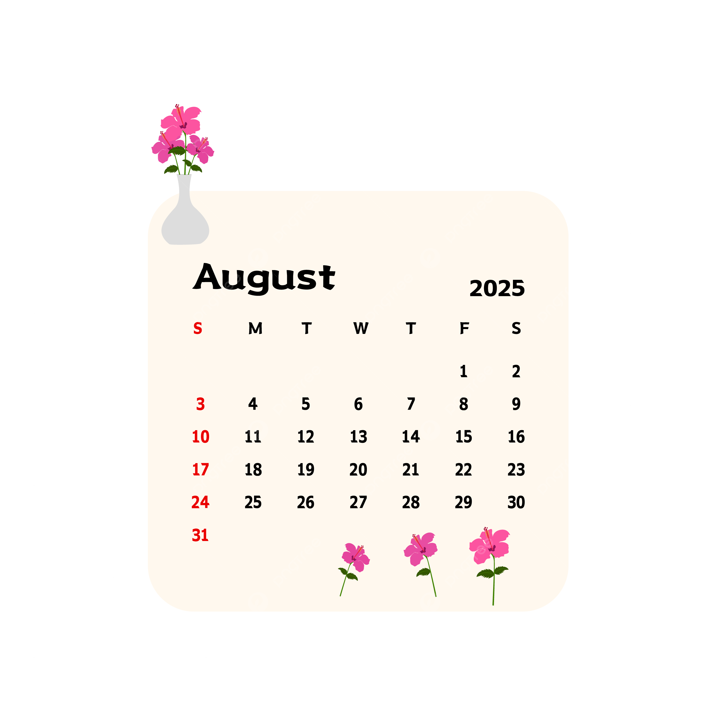 August 2025 Calendar With Cartoon Pink Flowers Vector, Calendar in August 2025 Calendar Clip Art