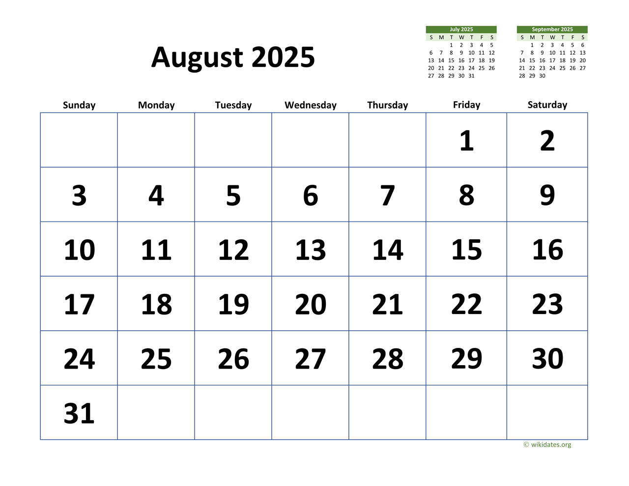 August 2025 Calendar With Extra-Large Dates | Wikidates regarding August 2025 Calendar Wiki