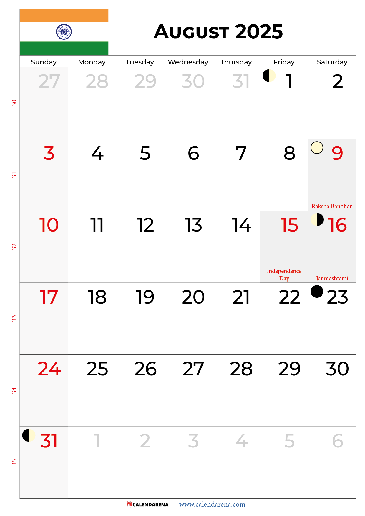 August 2025 Calendar With Holidays India for Show Calendar For August 2025