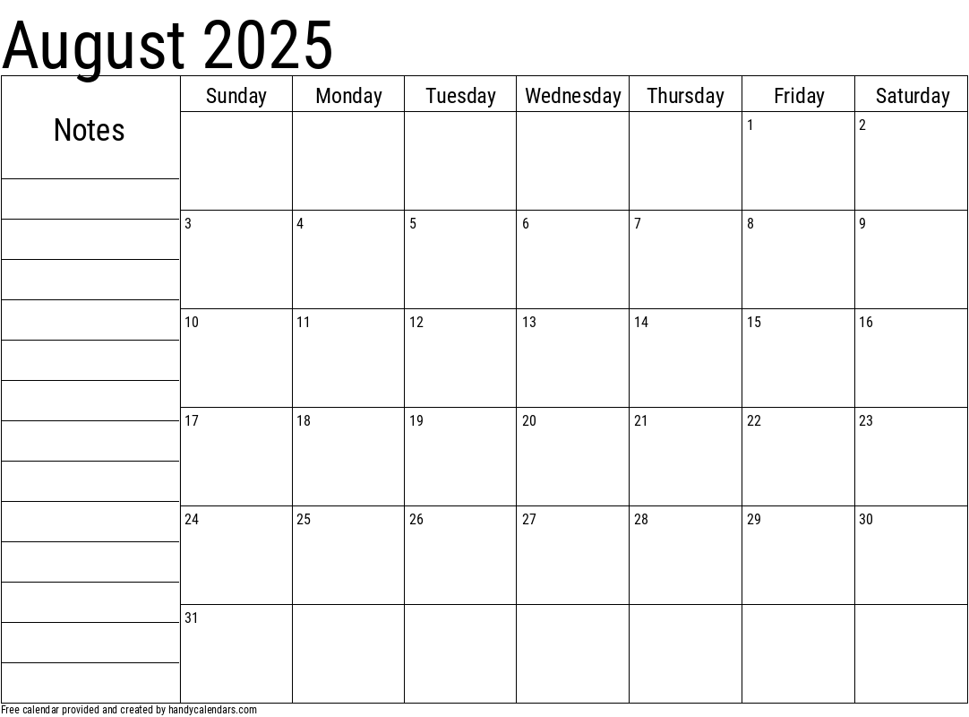 August 2025 Calendar With Notes - Handy Calendars within August 2025 Calendar With Notes