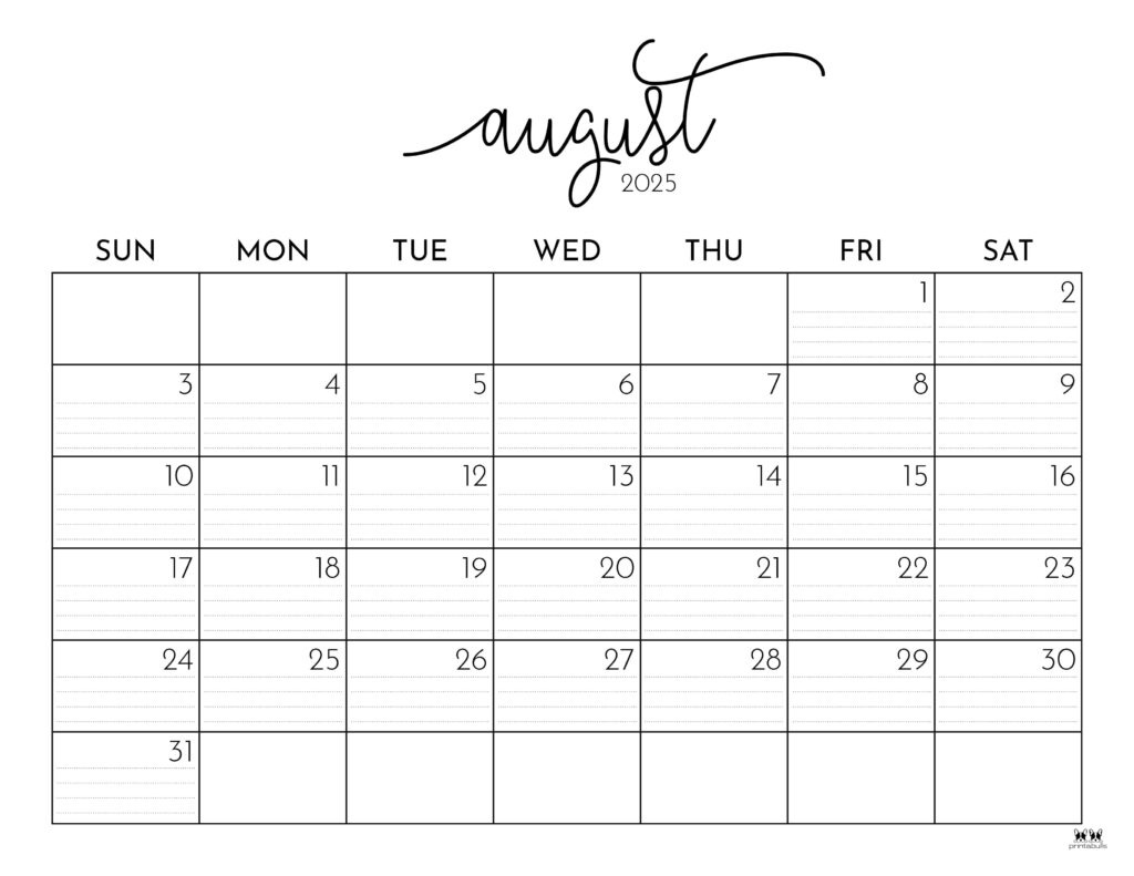 August 2025 Calendars - 107 Free Printables | Printabulls with Show Me A Calendar For The Month Of August 2025