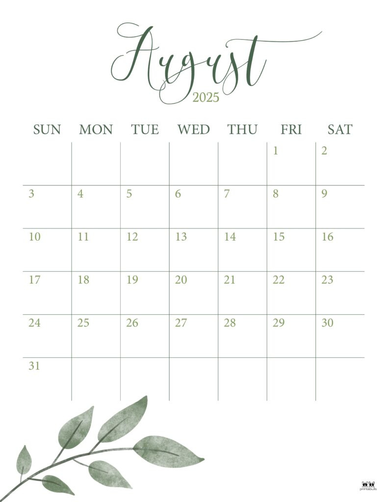 August 2025 Calendars - 107 Free Printables | Printabulls within August 2025 Calendar Portrait