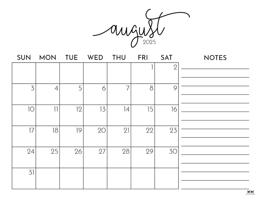 August 2025 Calendars - 107 Free Printables | Printabulls within August 2025 Calendar With Notes