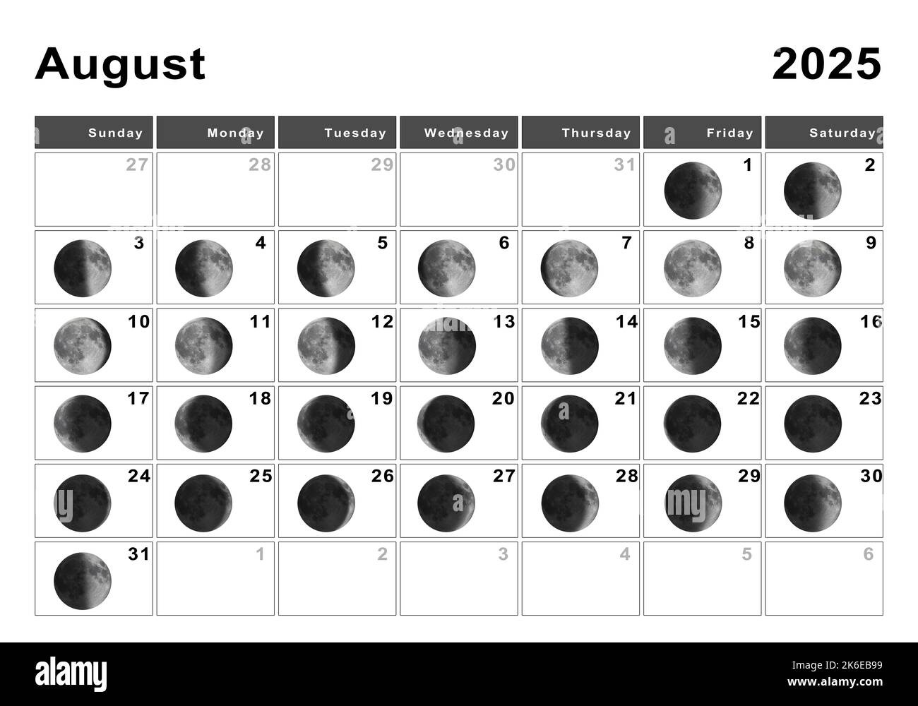 August 2025 Lunar Calendar, Moon Cycles, Moon Phases Stock Photo intended for August 2025 Moon Calendar