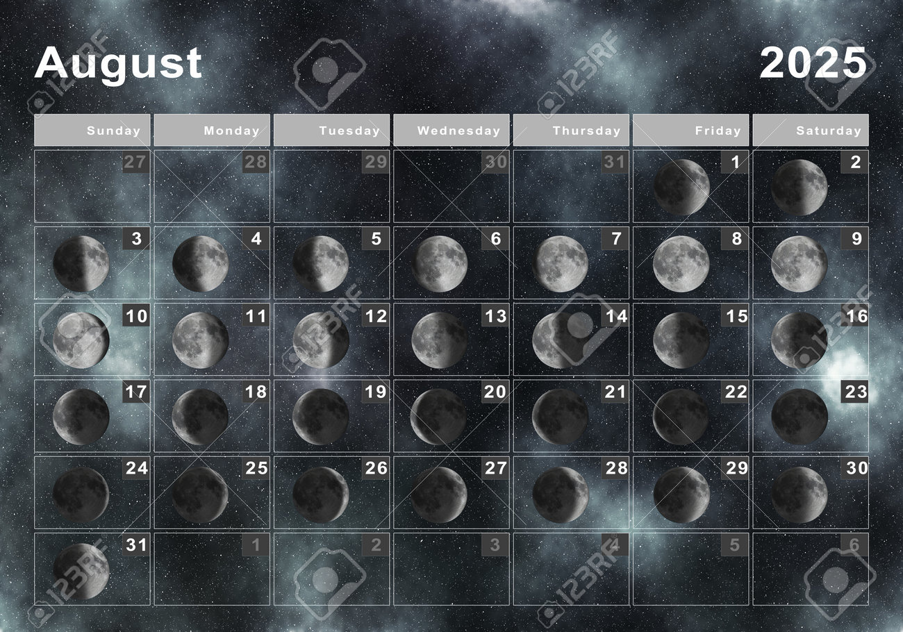 August 2025 Lunar Calendar, Moon Cycles, Moon Phases Stock Photo with regard to August Moon Calendar 2025