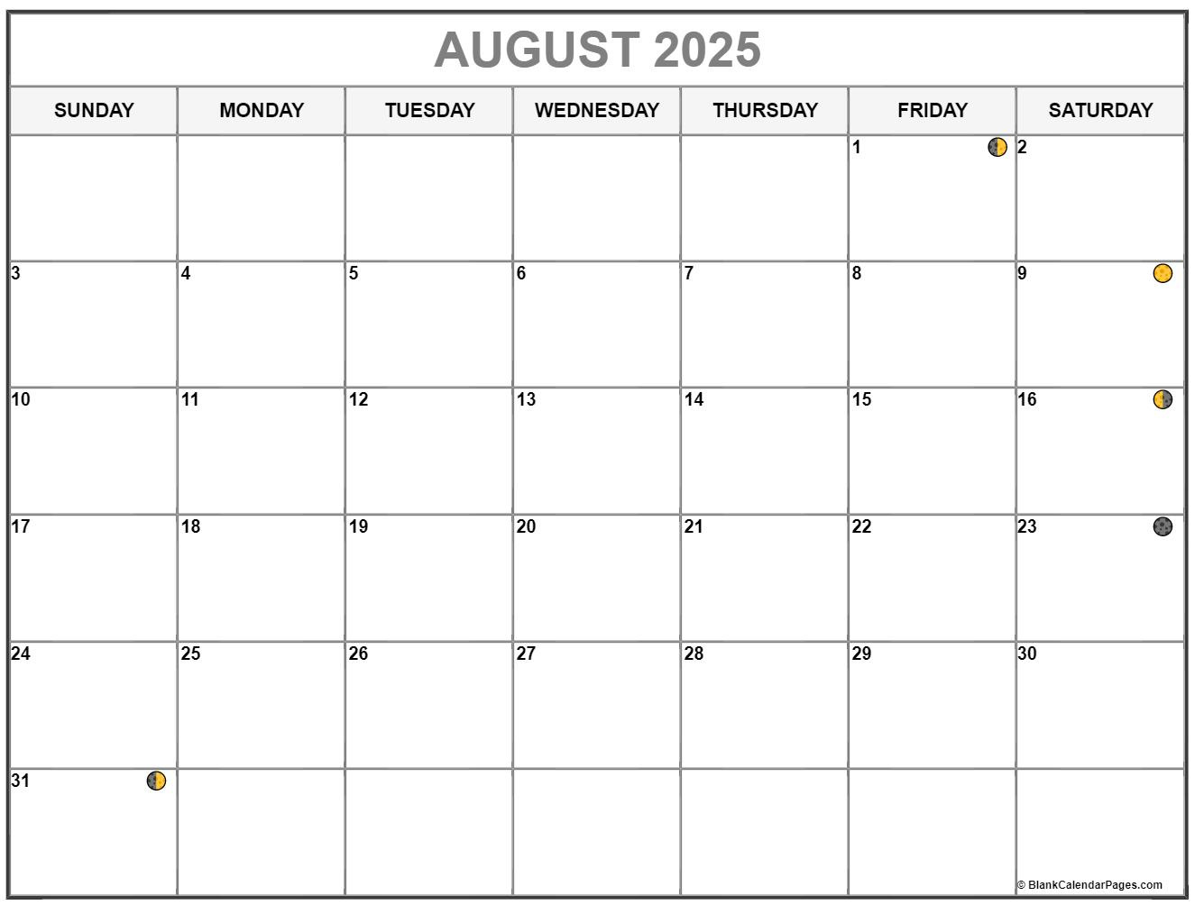 August 2025 Lunar Calendar | Moon Phase Calendar in Moon Calendar August 2025