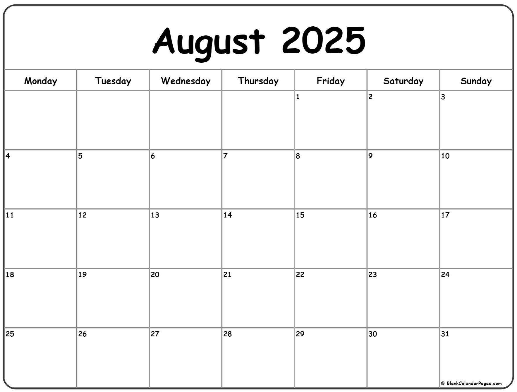 August 2025 Monday Calendar | Monday To Sunday intended for August 2025 Calendar Monday Start