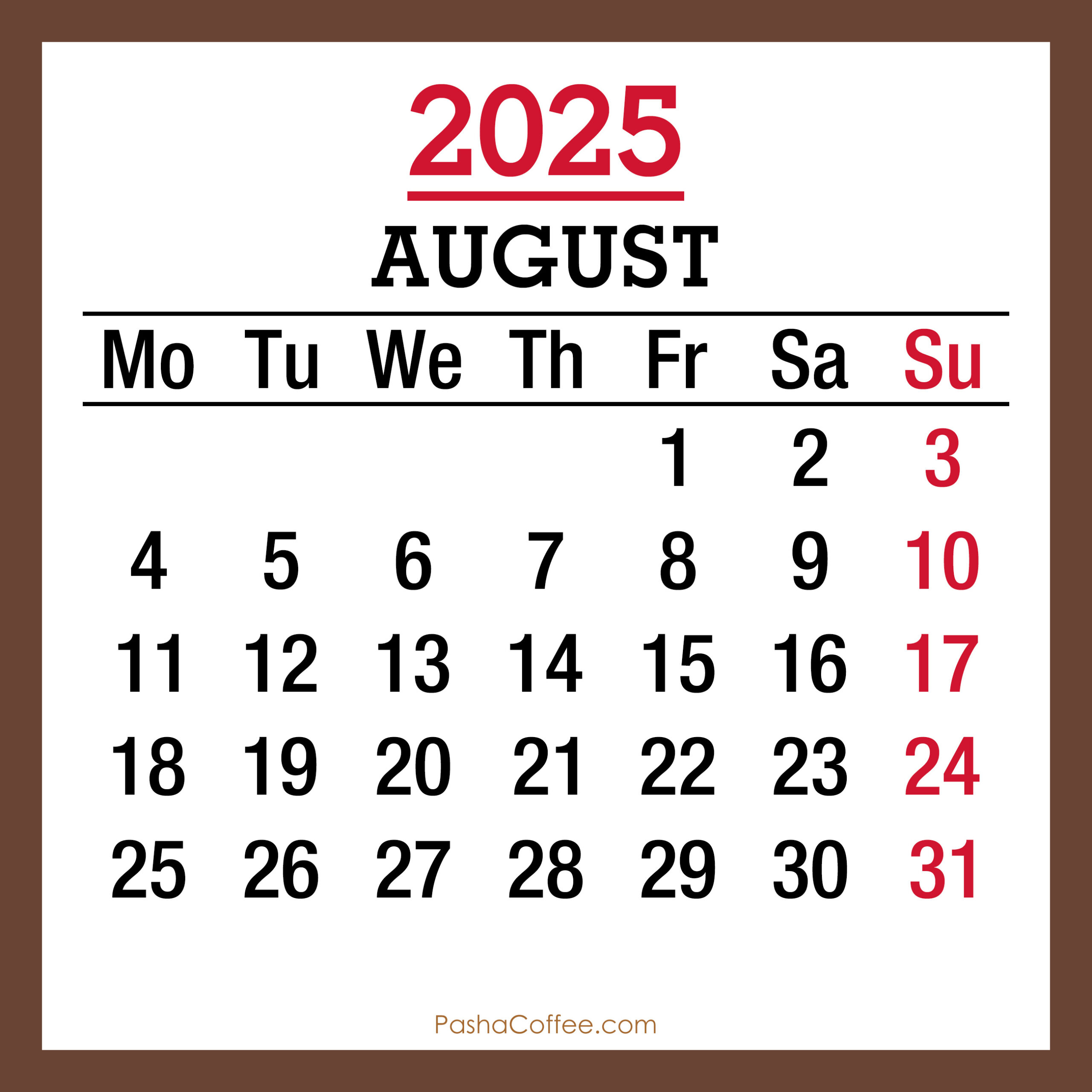 August 2025 Monthly Calendar, Printable Free, Brown, Monday Start pertaining to August 2025 Calendar Monday Start