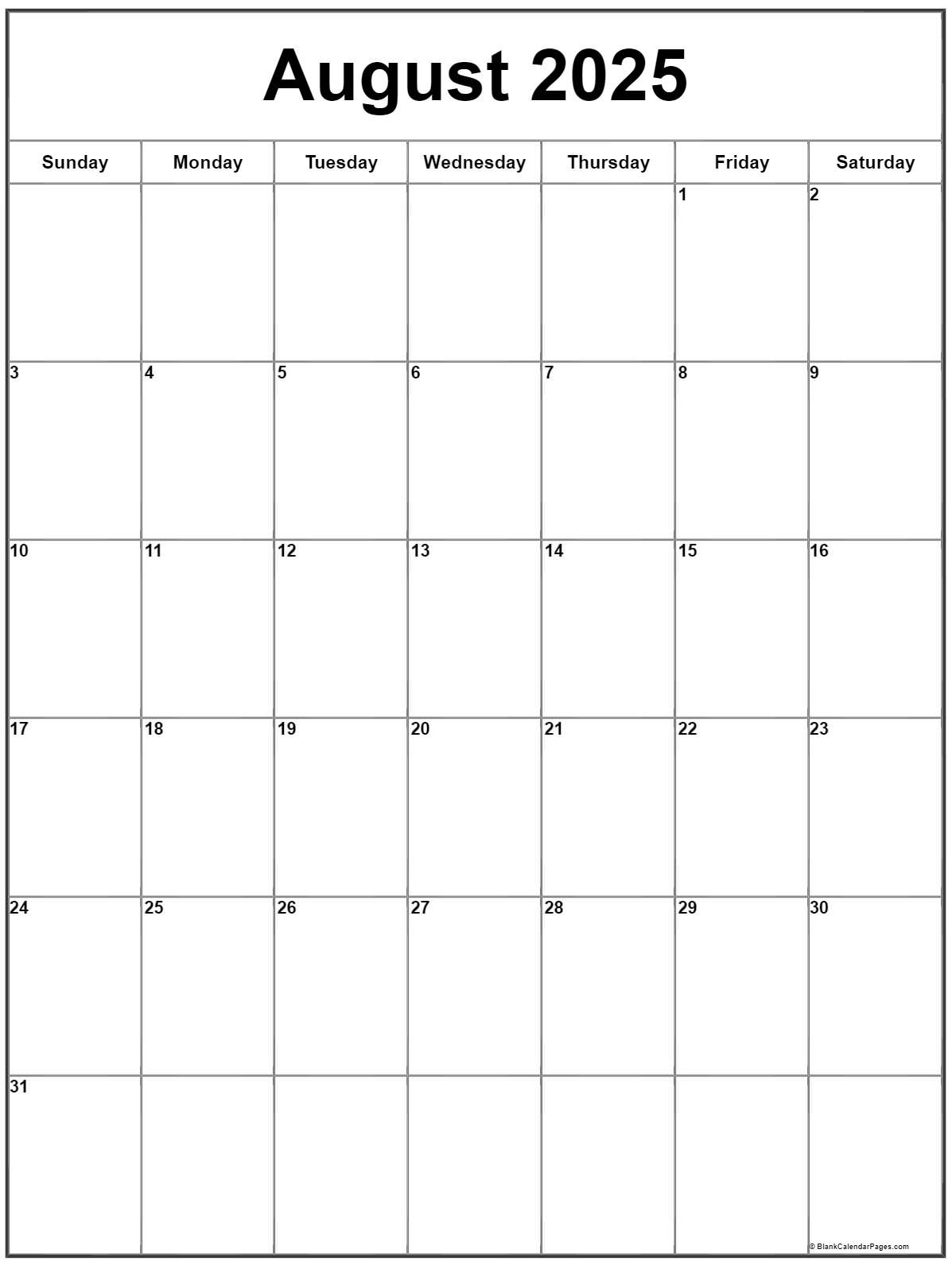 August 2025 Vertical Calendar | Portrait with August 2025 Vertical Calendar