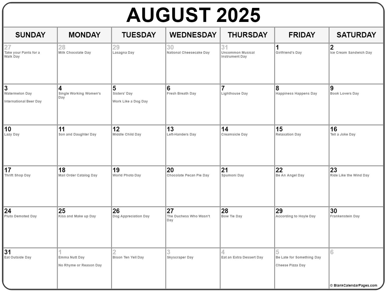 August 2025 With Holidays Calendar with National Day Calendar For August 2025