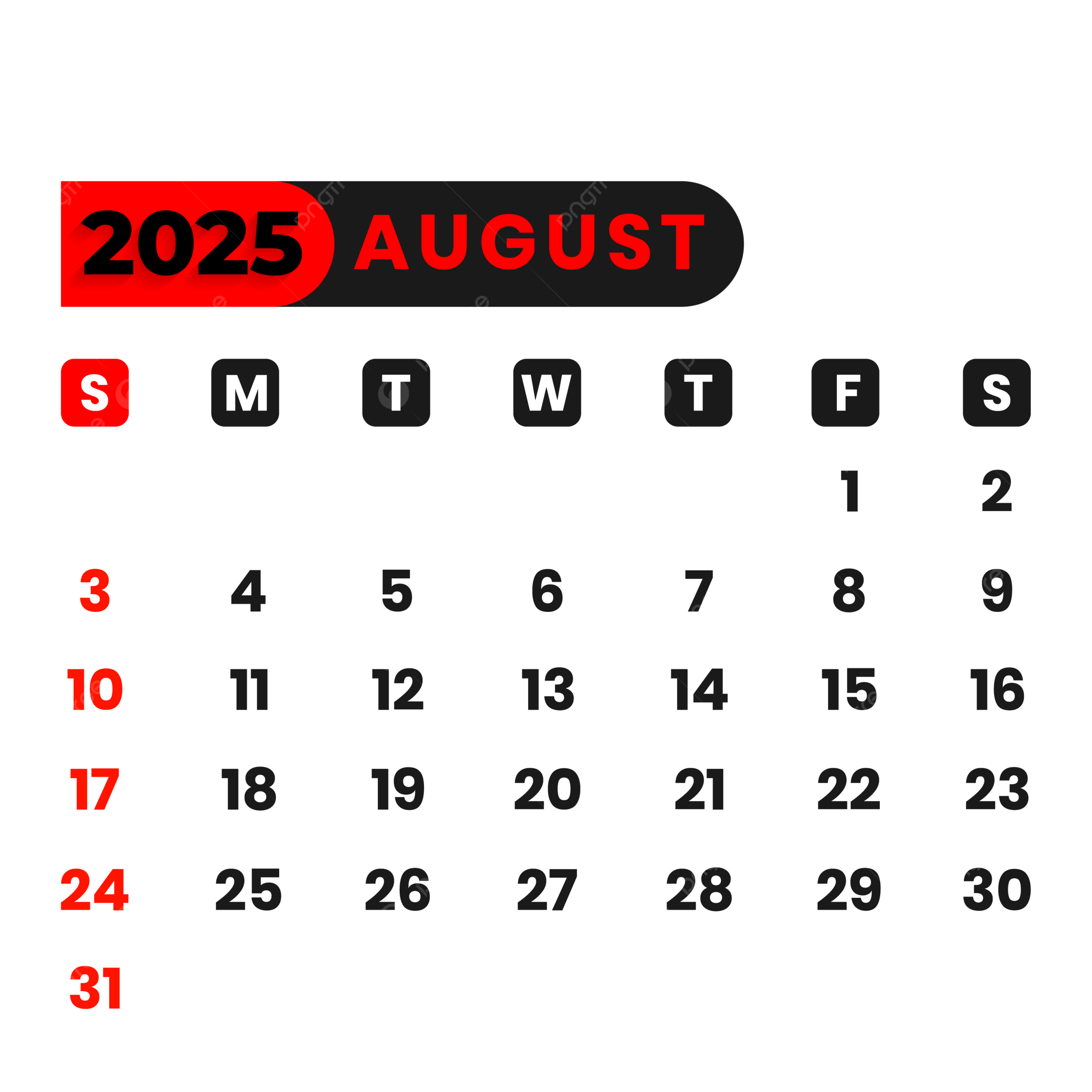 August Calendar 2025 Vector, August, Calendar, 2025 Png And Vector inside August 2025 Calendar Transparent Background