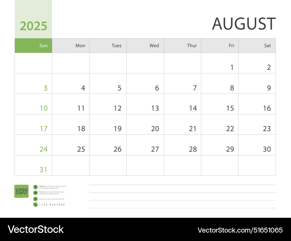 August Design Planner Desk Calendar 2025 Vector Image with Flip Calendar Starting From August 2025