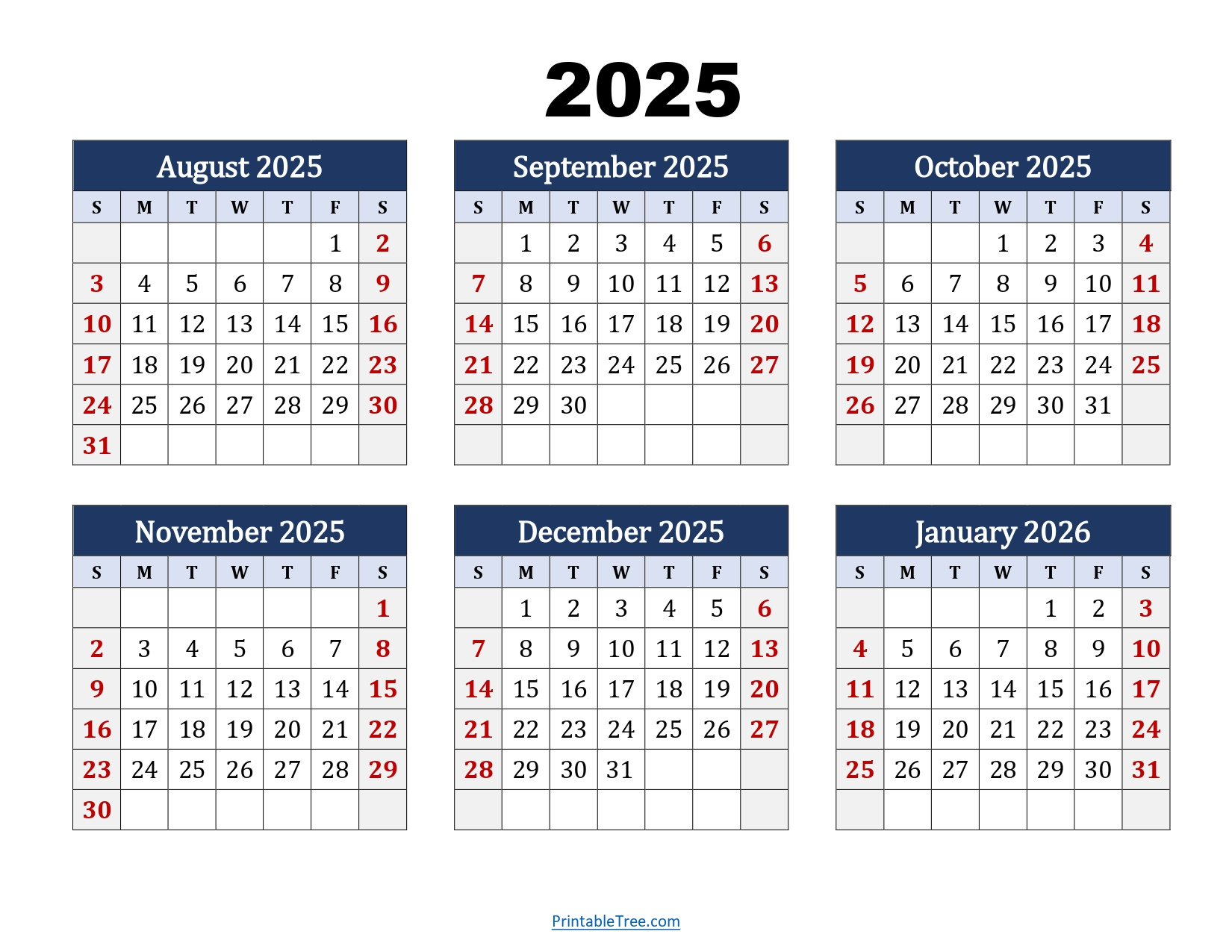 August To January 2026 Calendar Printable Pdf | Six Months Calendar intended for Calendar August 2025 To June 2026