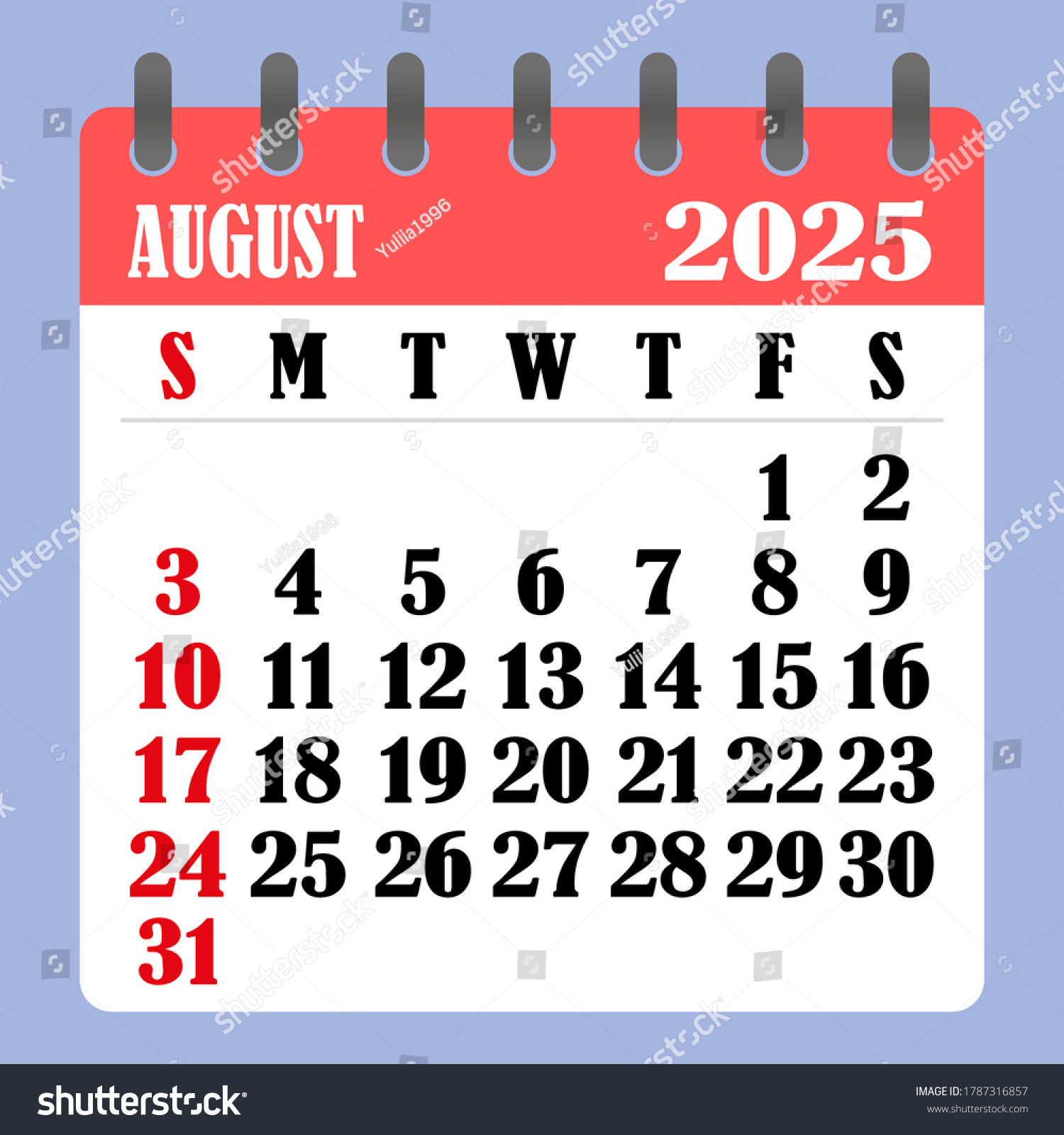 Briefkalender Für August 2025. Die Woche: Stock-Vektorgrafik in August 5 2025 Calendar