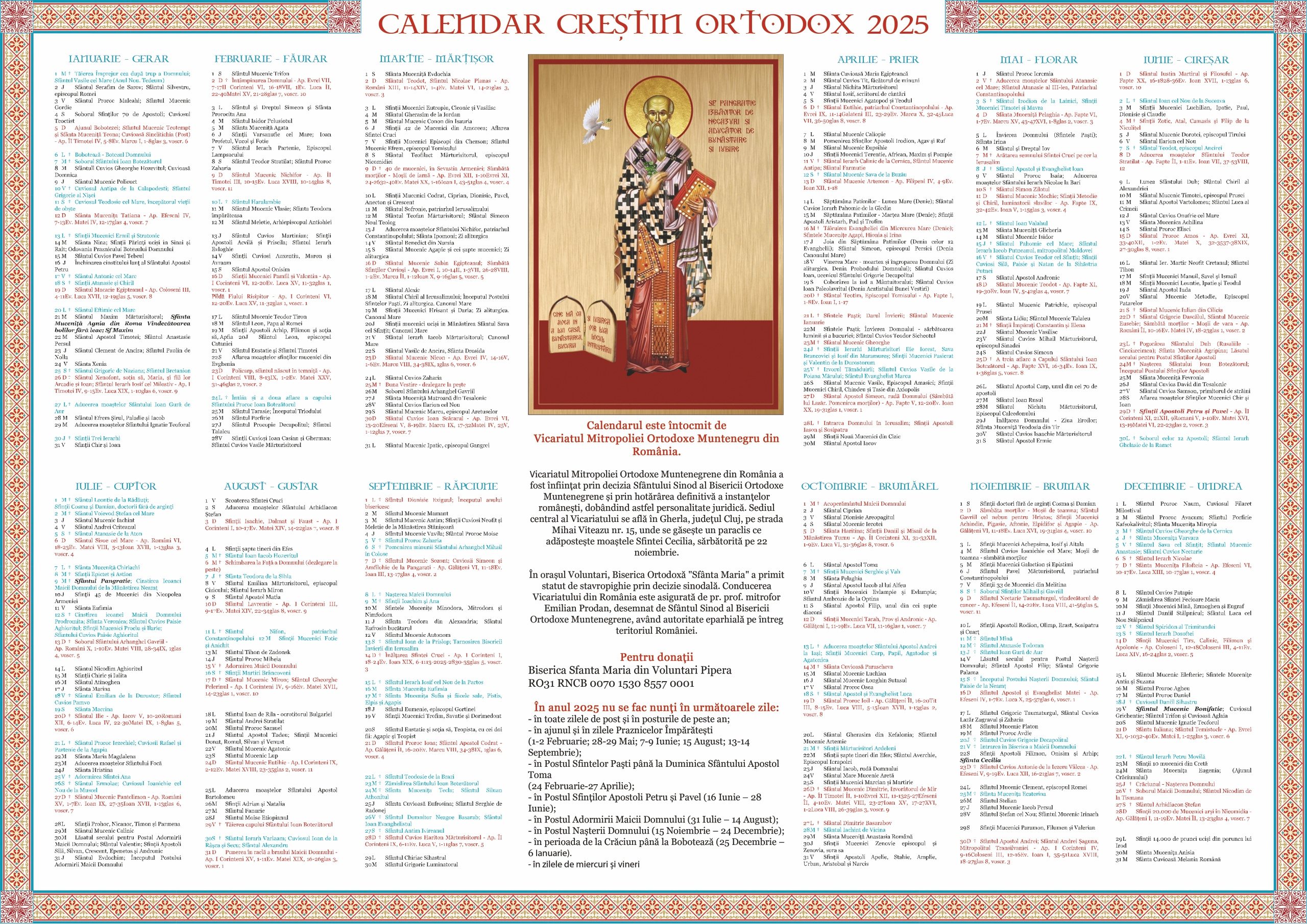 Calendar 2025 - Istoria Bisericii Ortodoxe Muntenegrene in Calendar Ortodox 2025 August