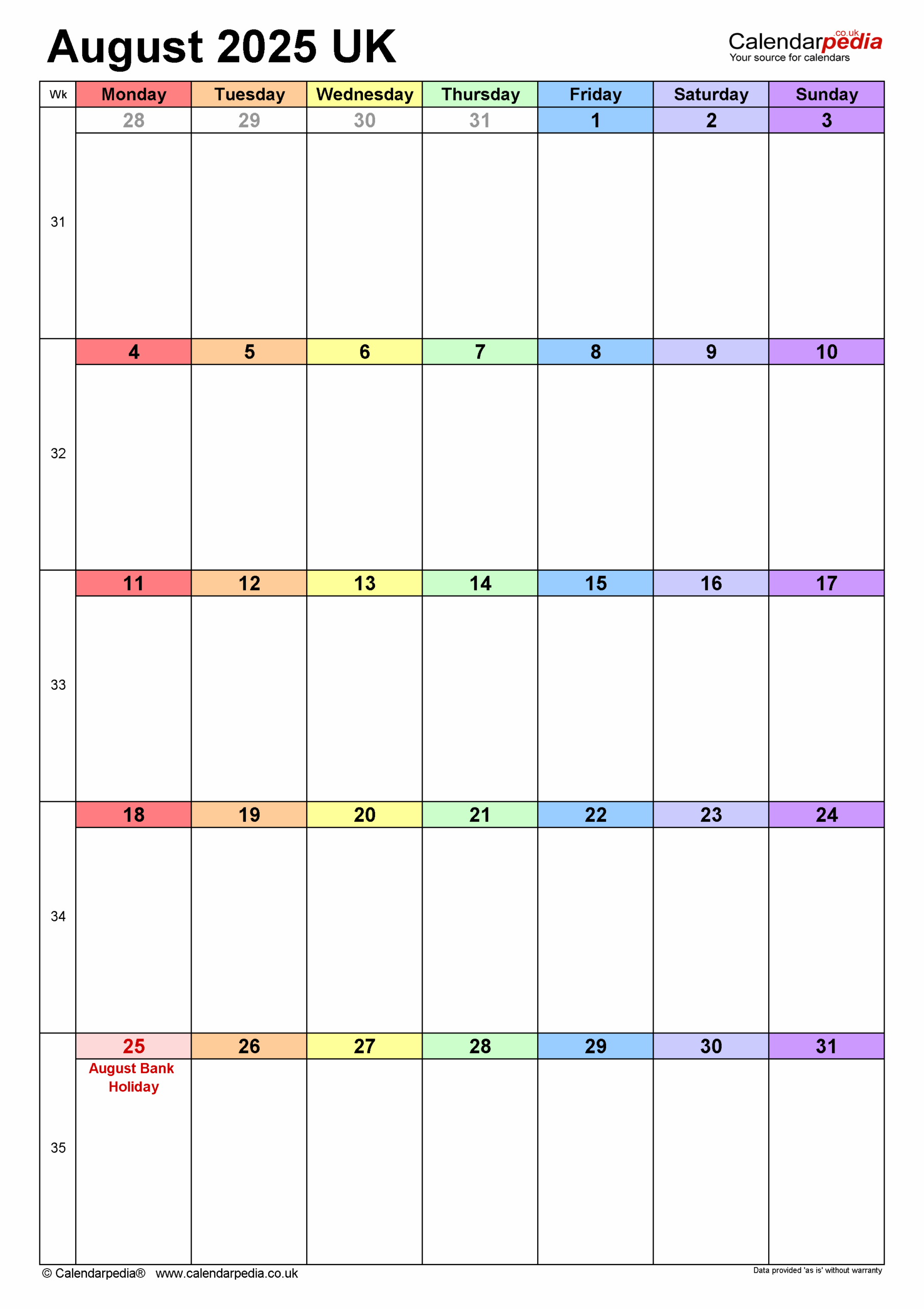 Calendar August 2025 Uk With Pdf, Excel And Word Templates in August 2025 Calendar Printable Word