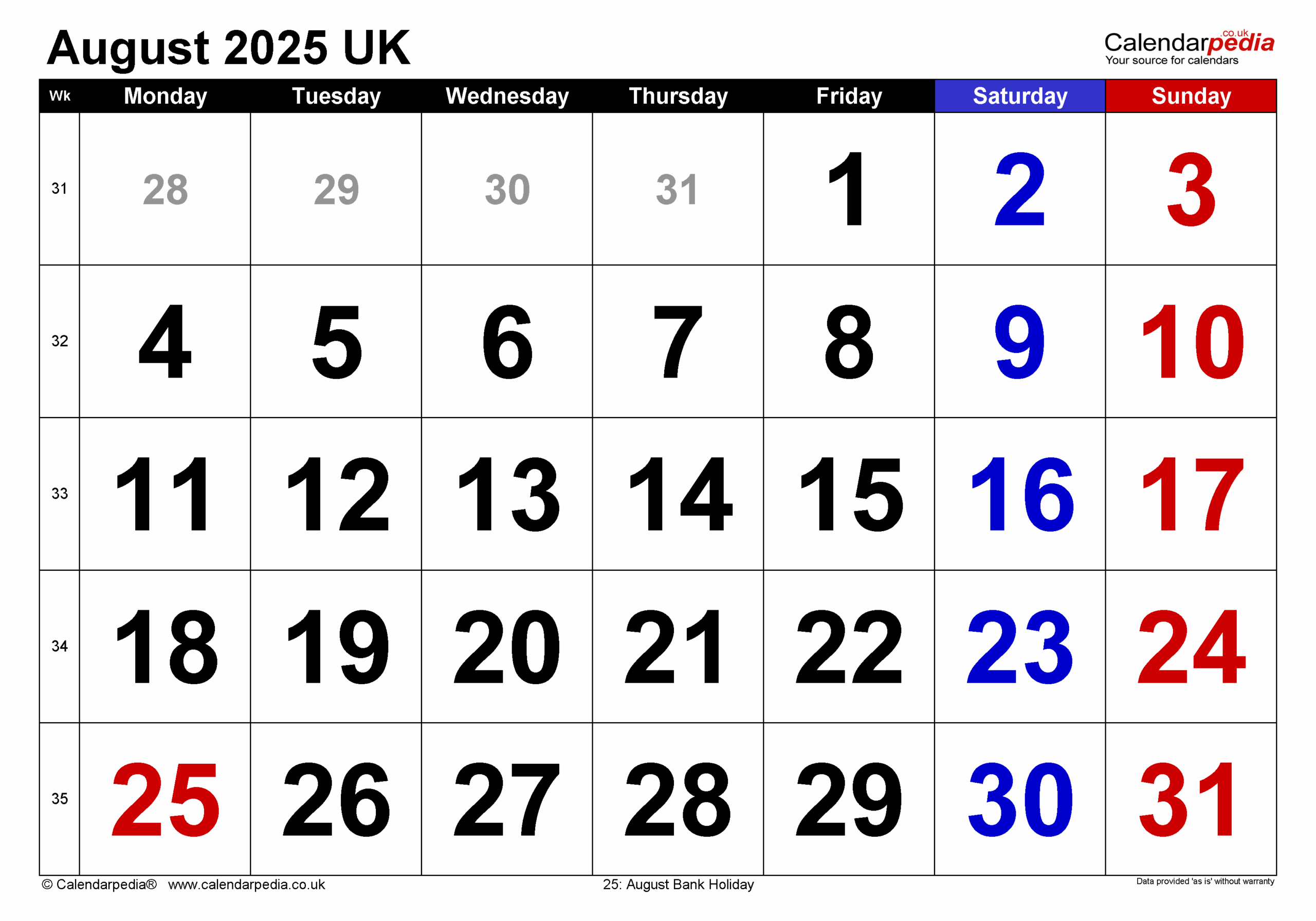 Calendar August 2025 Uk With Pdf, Excel And Word Templates throughout Printable August 2025 Calendar With Holidays