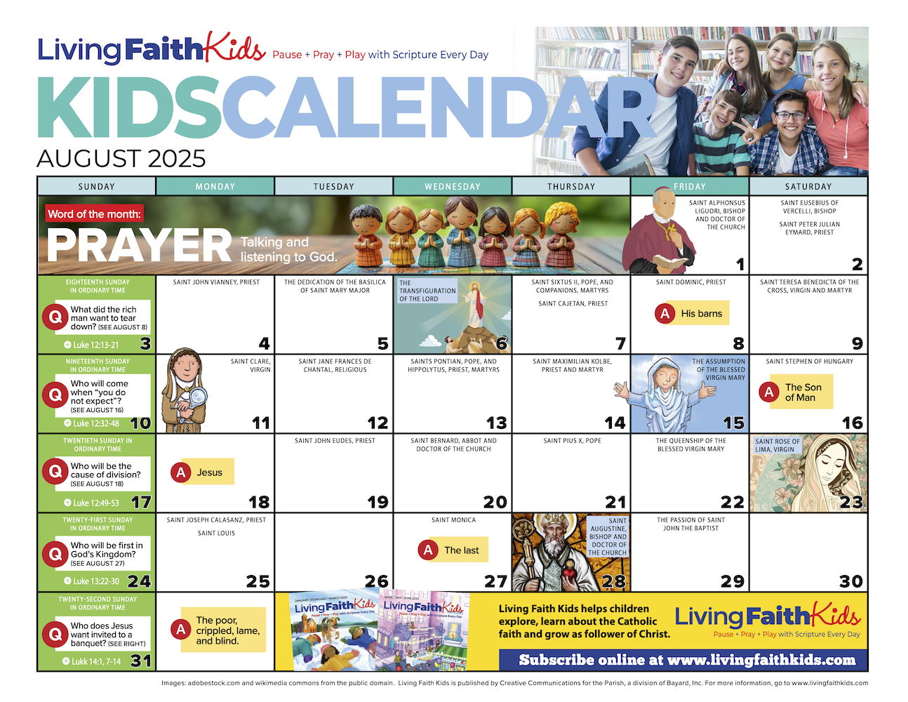 Catechist Kids Calendar Download Page - Catechist Magazine with August 15Th 2025 Catholic Calendar